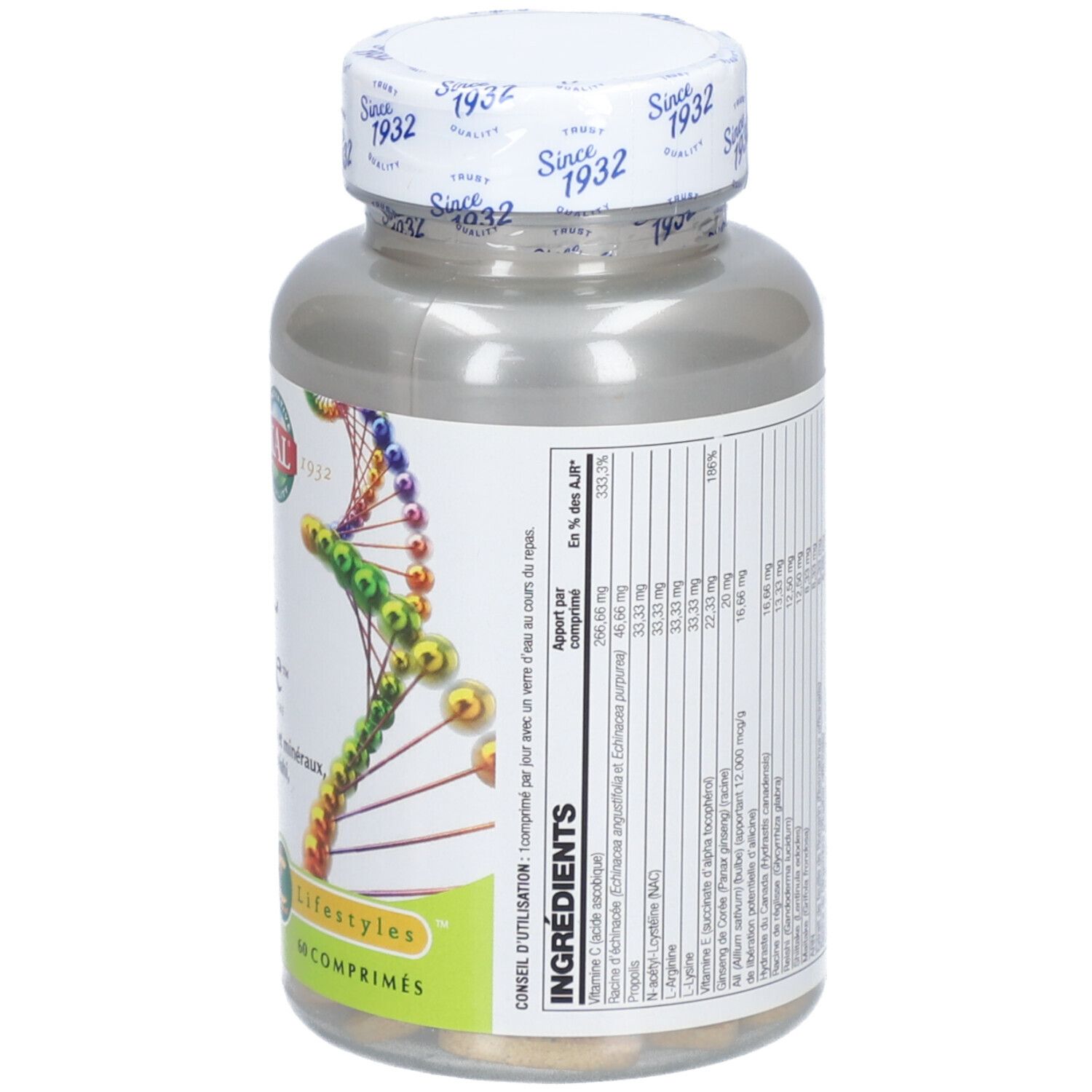 Dos d'un flacon de KAL CELL DEFENSE CPR 60. Étiquette avec ingrédients et informations nutritionnelles. Couvercle avec logo.