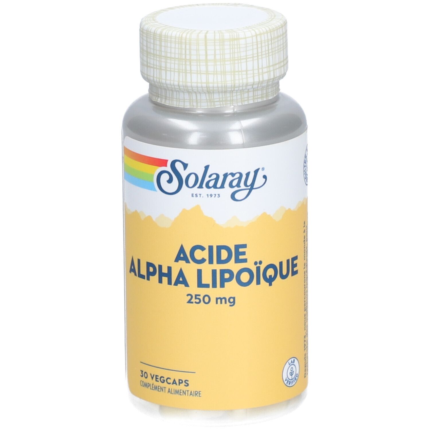 Flacon de Solaray Acide Alpha Lipoïque, 250 mg, 30 Vegicaps. Logo arc-en-ciel et texte sur fond jaune.