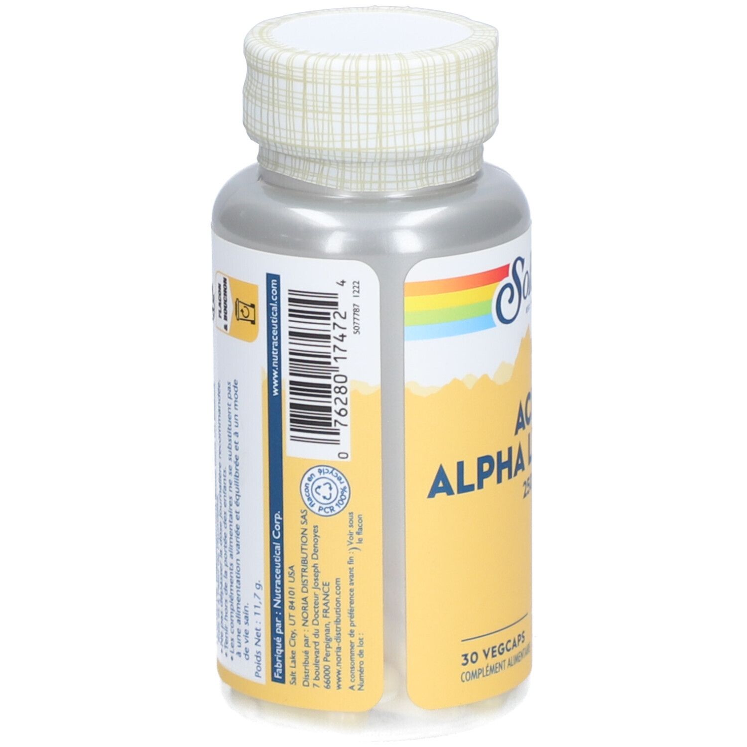 Dos du flacon. Informations, code-barres et logo Solaray visibles.