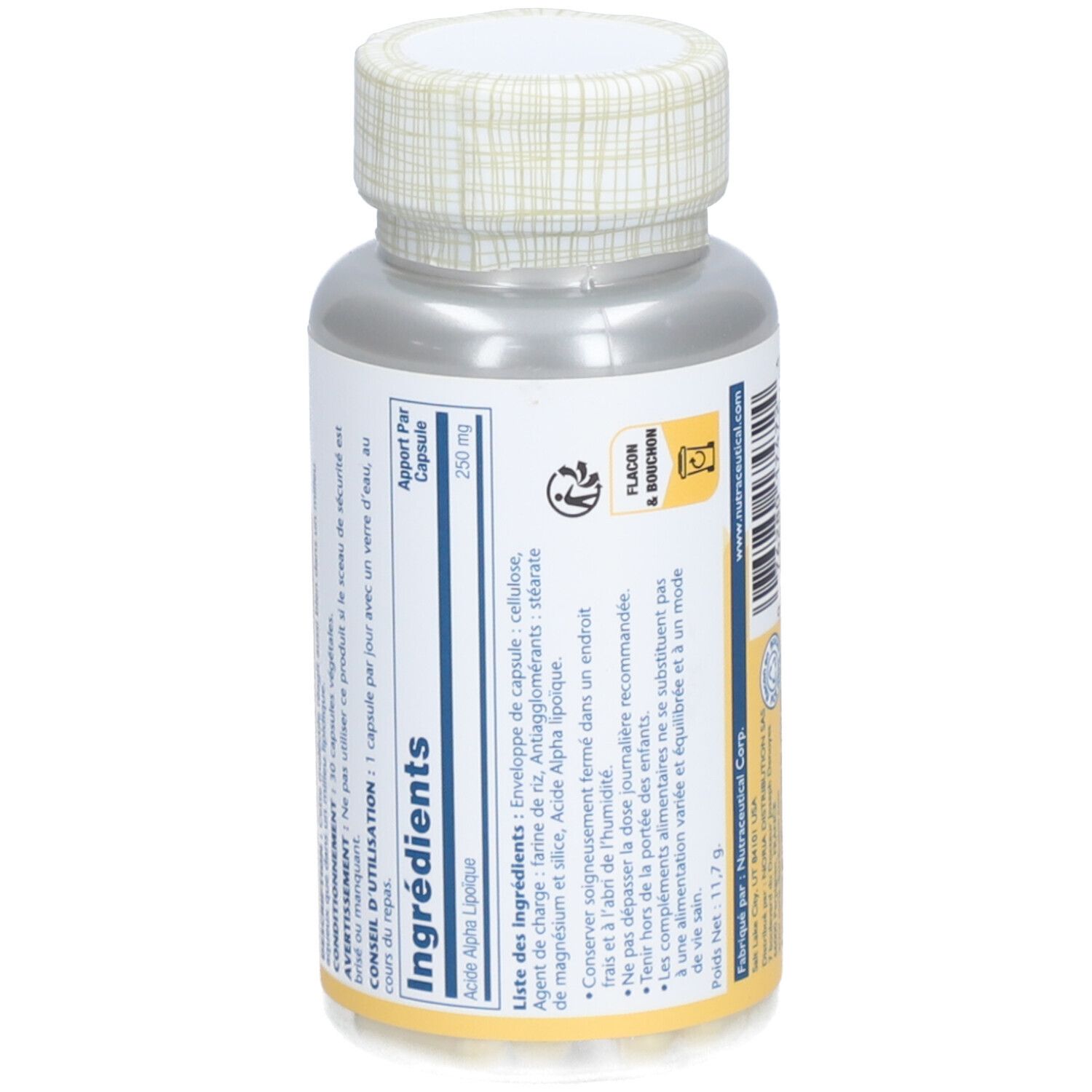 Dos du flacon avec liste d'ingrédients et avertissements. Texte en français.