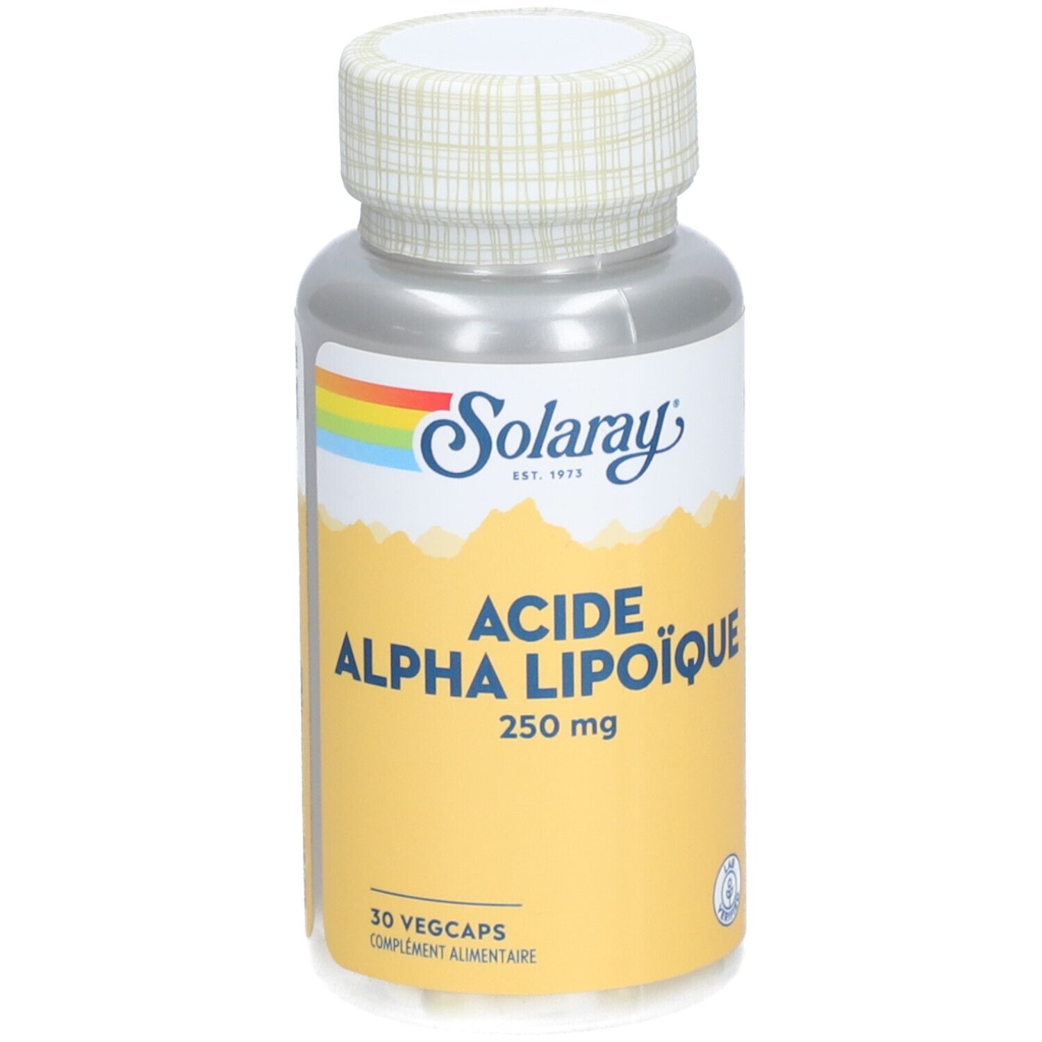 Flacon de Solaray Acide Alpha Lipoïque, 250 mg, 30 Vegicaps. Logo et texte sur fond jaune.