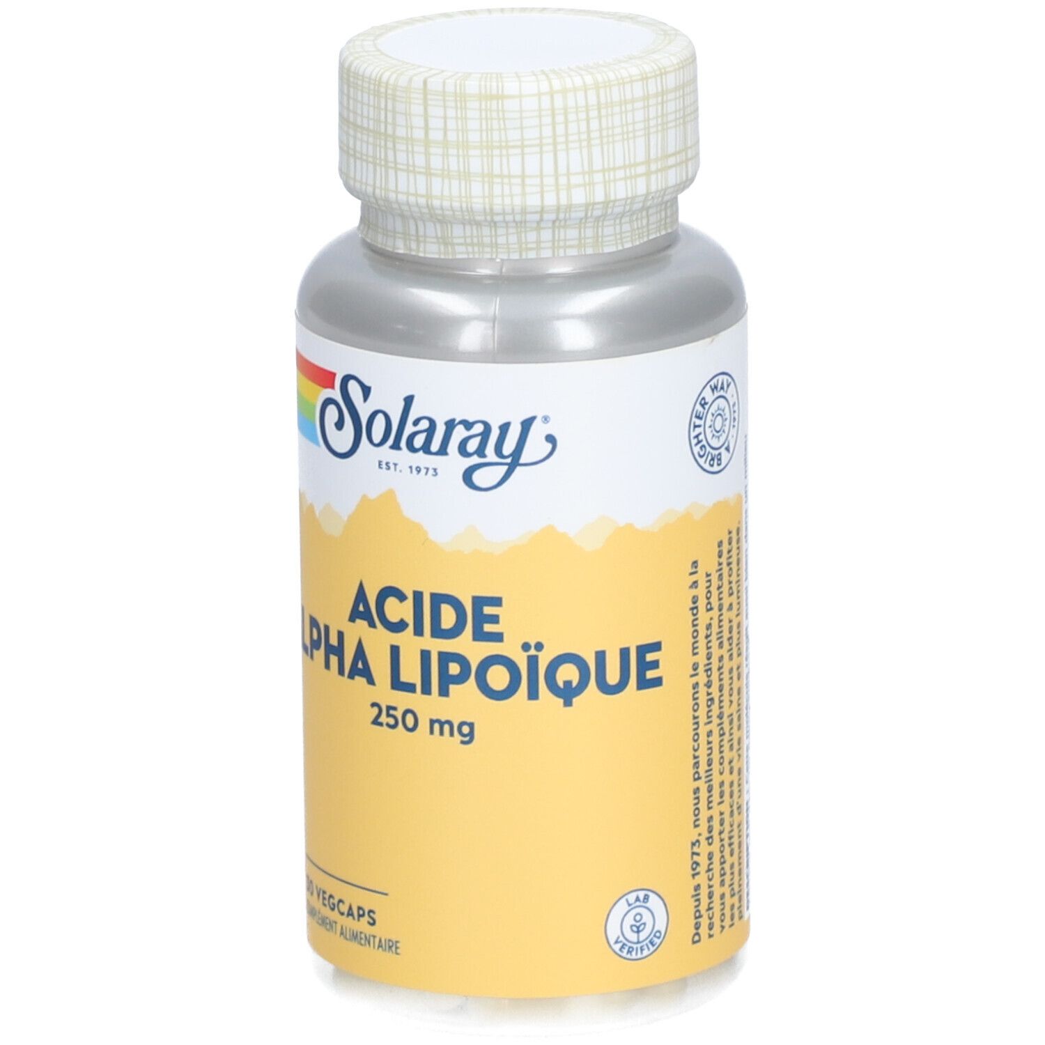 Flacon Solaray Acide Alpha Lipoïque, 250 mg, 30 Vegicaps. Logo et texte sur fond jaune.
