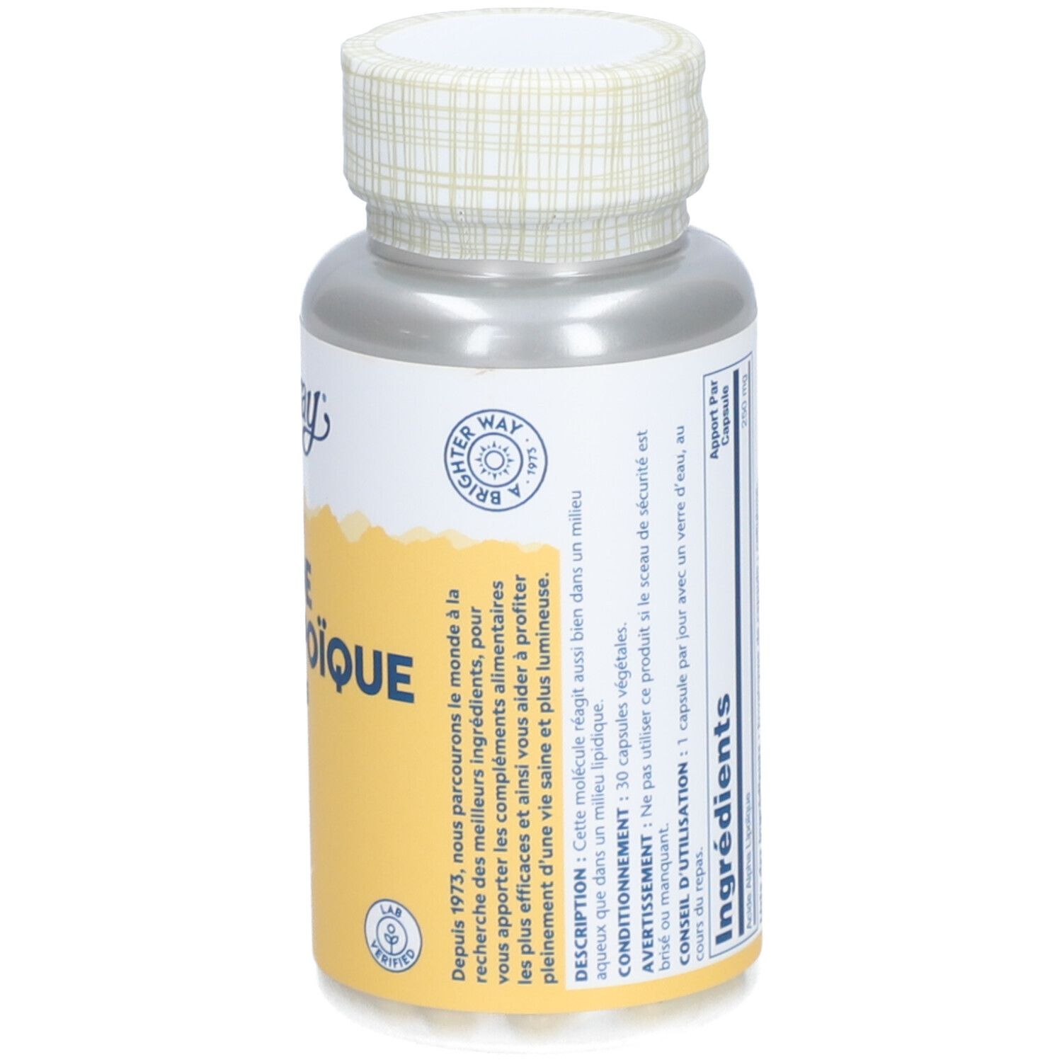 Dos du flacon avec texte et logo. Informations sur le produit.