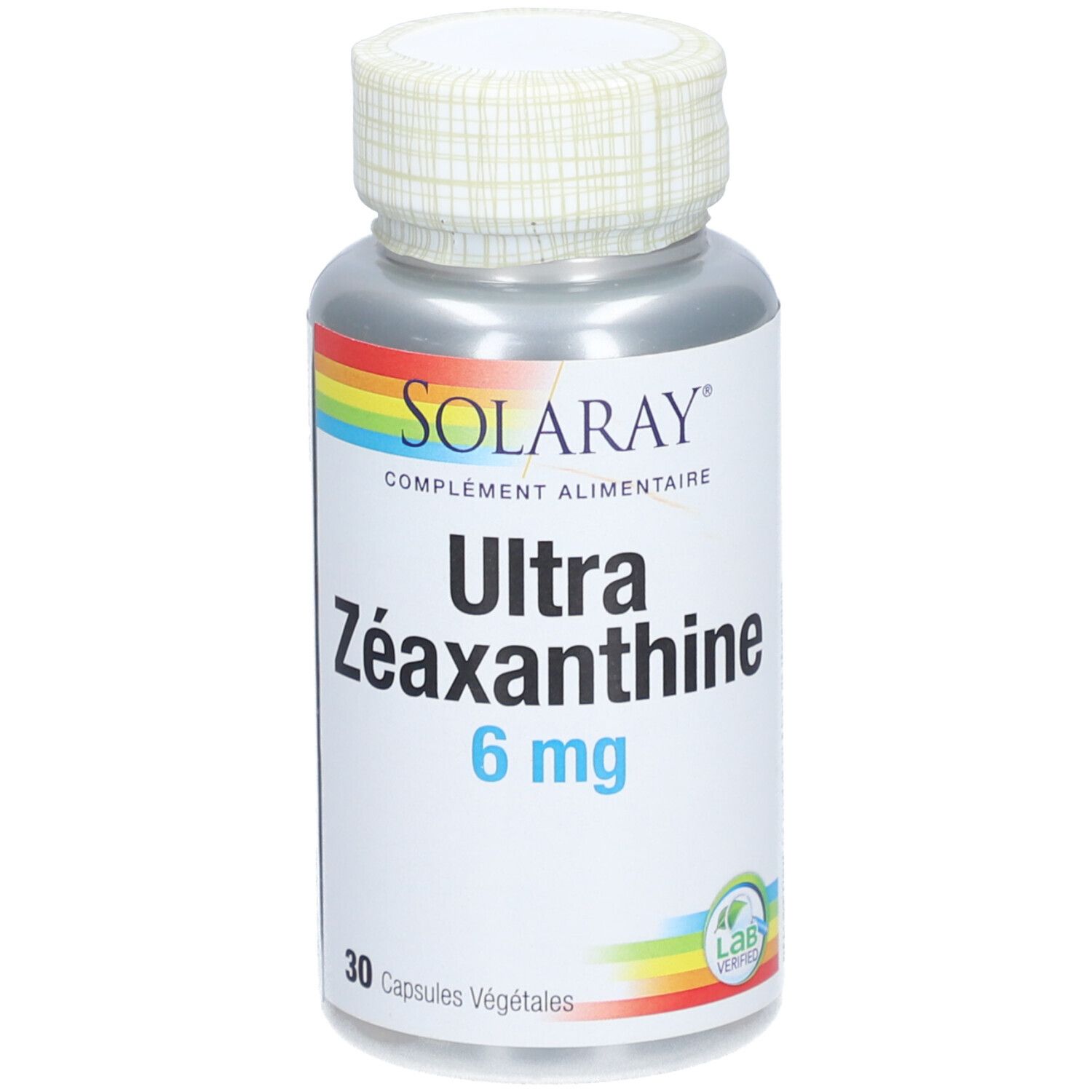 Flacon SOLARAY Ultra Zéaxanthine 6 mg, 30 gélules. Logo arc-en-ciel. Bouchon blanc, flacon argenté.
