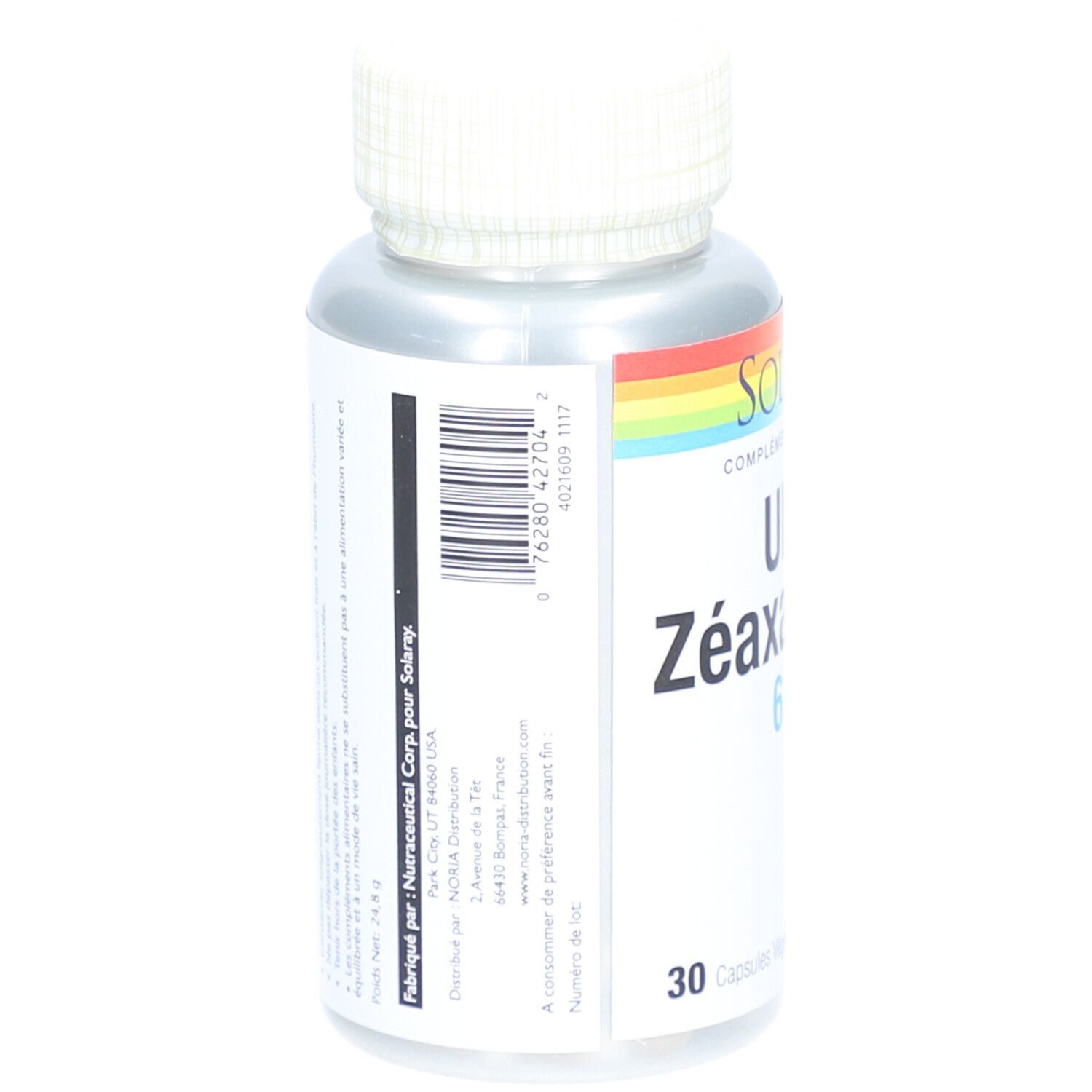 Dos de flacon SOLARAY Ultra Zéaxanthine. Informations produit et code-barres. Flacon argenté, fond blanc.