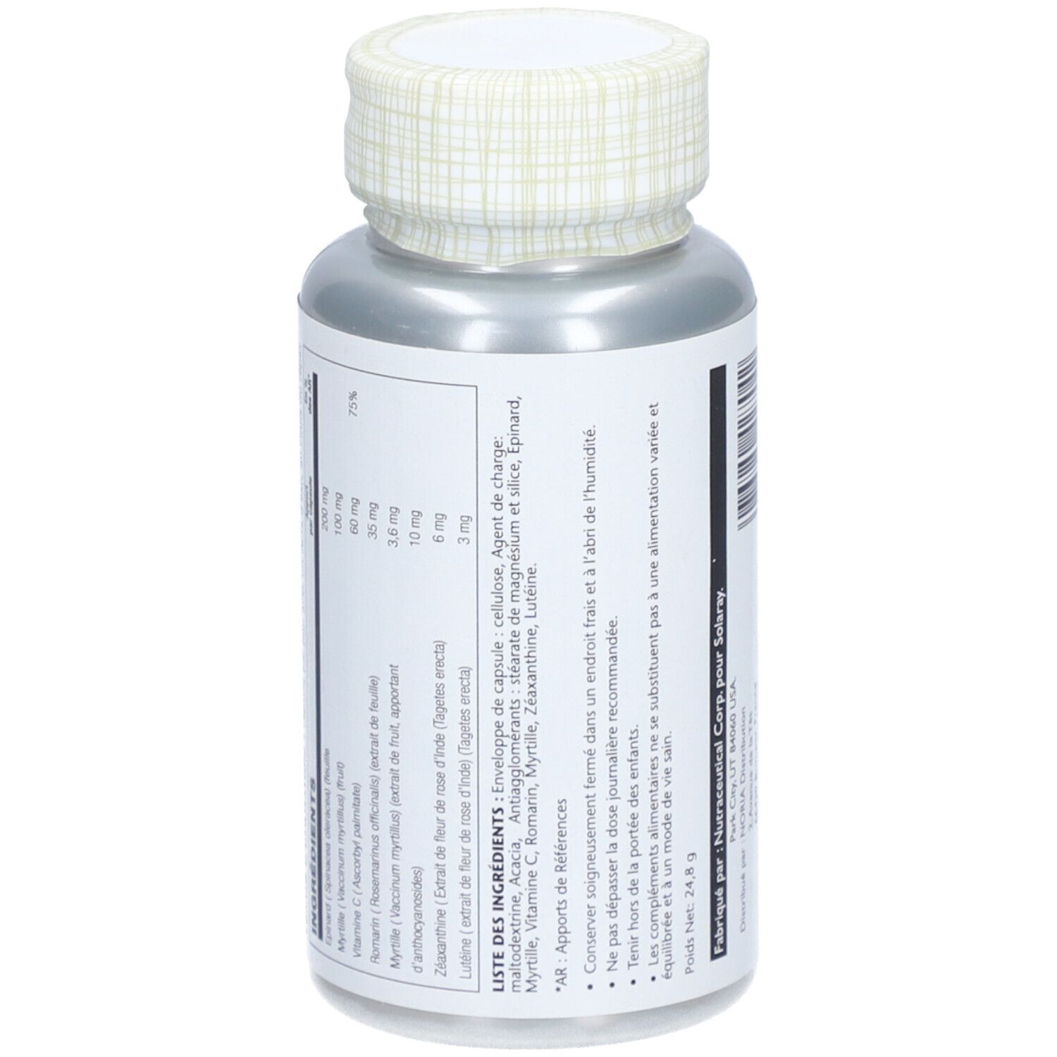 Dos du flacon SOLARAY Ultra Zéaxanthine. Liste des ingrédients et avertissements. Flacon argenté, fond blanc.