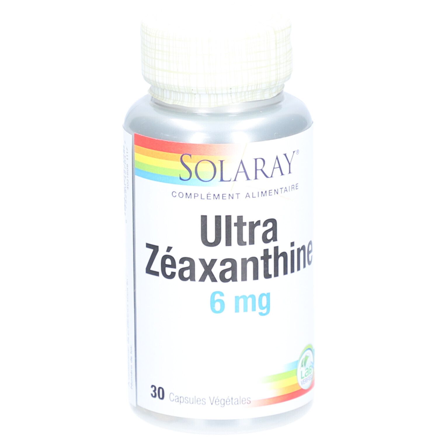 Flacon SOLARAY Ultra Zéaxanthine 6 mg. 30 gélules. Bouchon blanc, flacon argenté. Logo arc-en-ciel.
