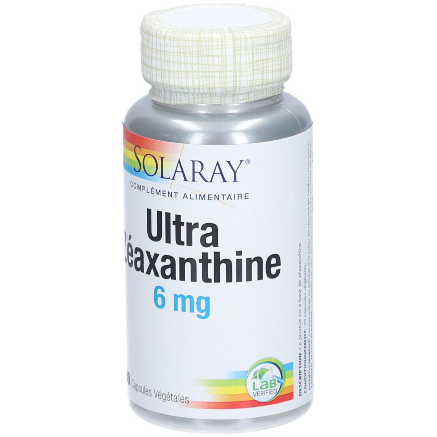 Flacon SOLARAY Ultra Zéaxanthine 6 mg. 30 gélules. Bouchon blanc, flacon argenté. Label Lab Verified.