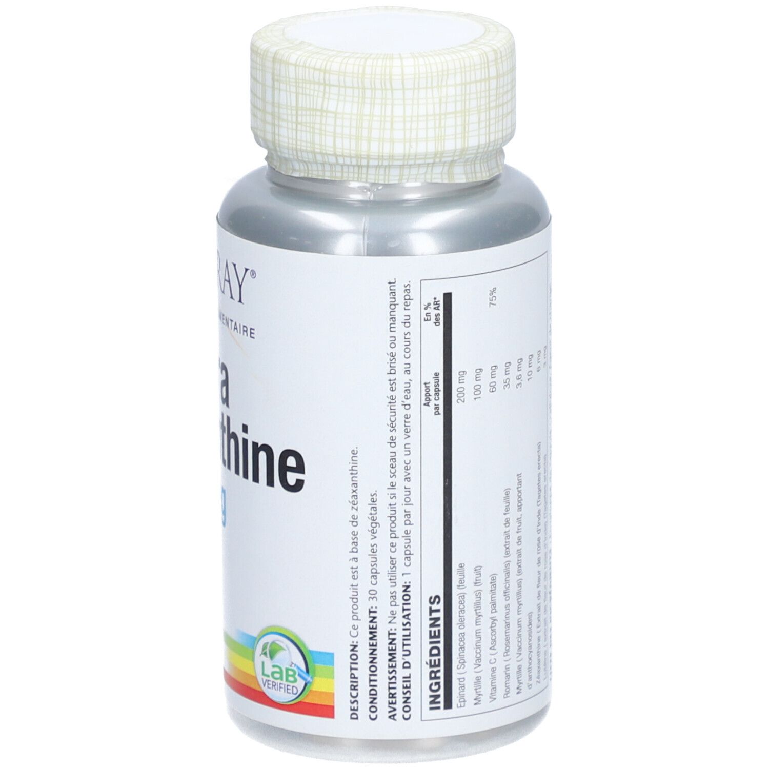Dos du flacon SOLARAY Ultra Zéaxanthine. Ingrédients, avertissements. Label Lab Verified. Flacon argenté.