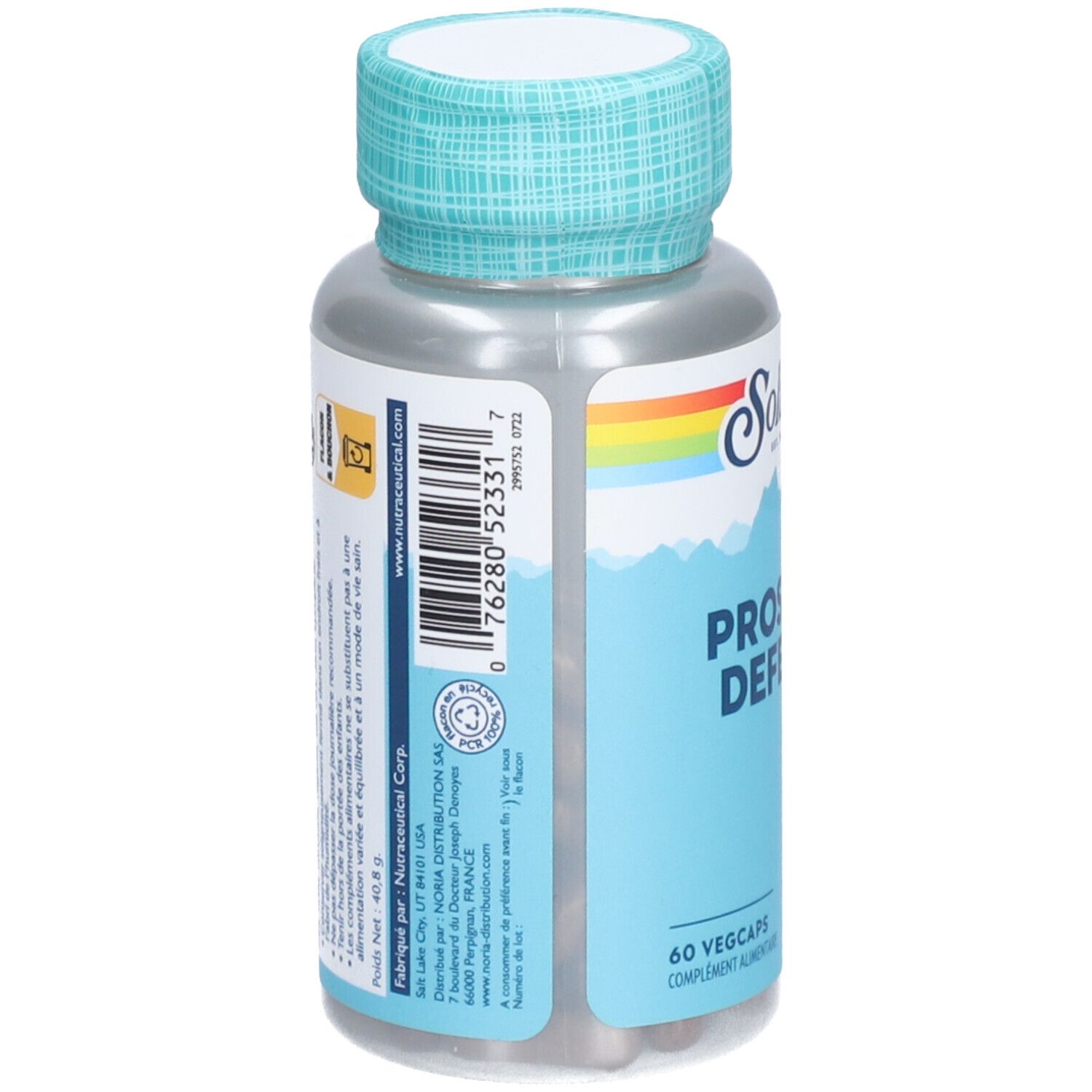 Dos du flacon. Code-barres, informations fabricant et logos. Produit: Prostate Defense, 60 Vegcaps.