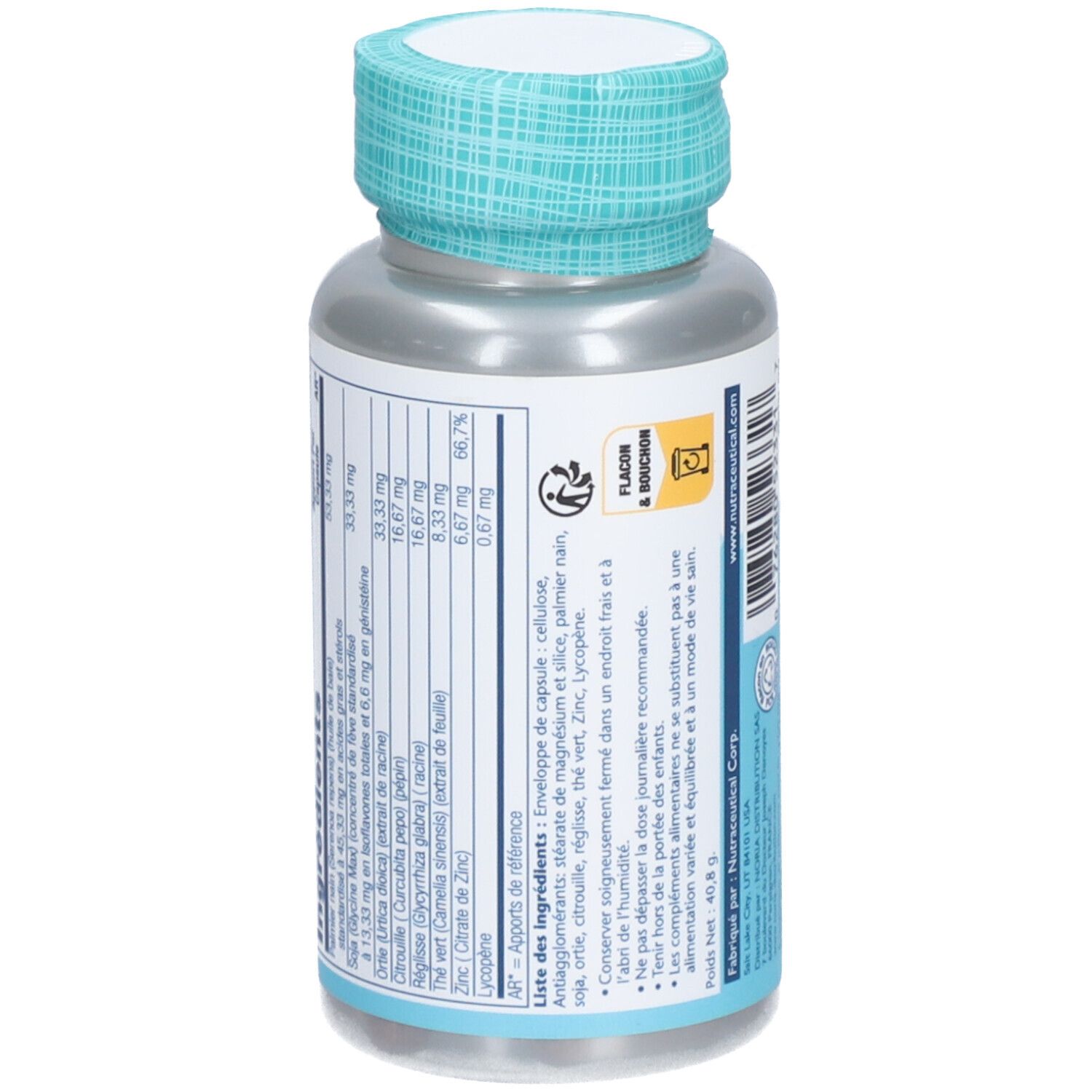 Vue arrière du flacon. Liste des ingrédients et logos. Produit: Prostate Defense, 60 Vegcaps.