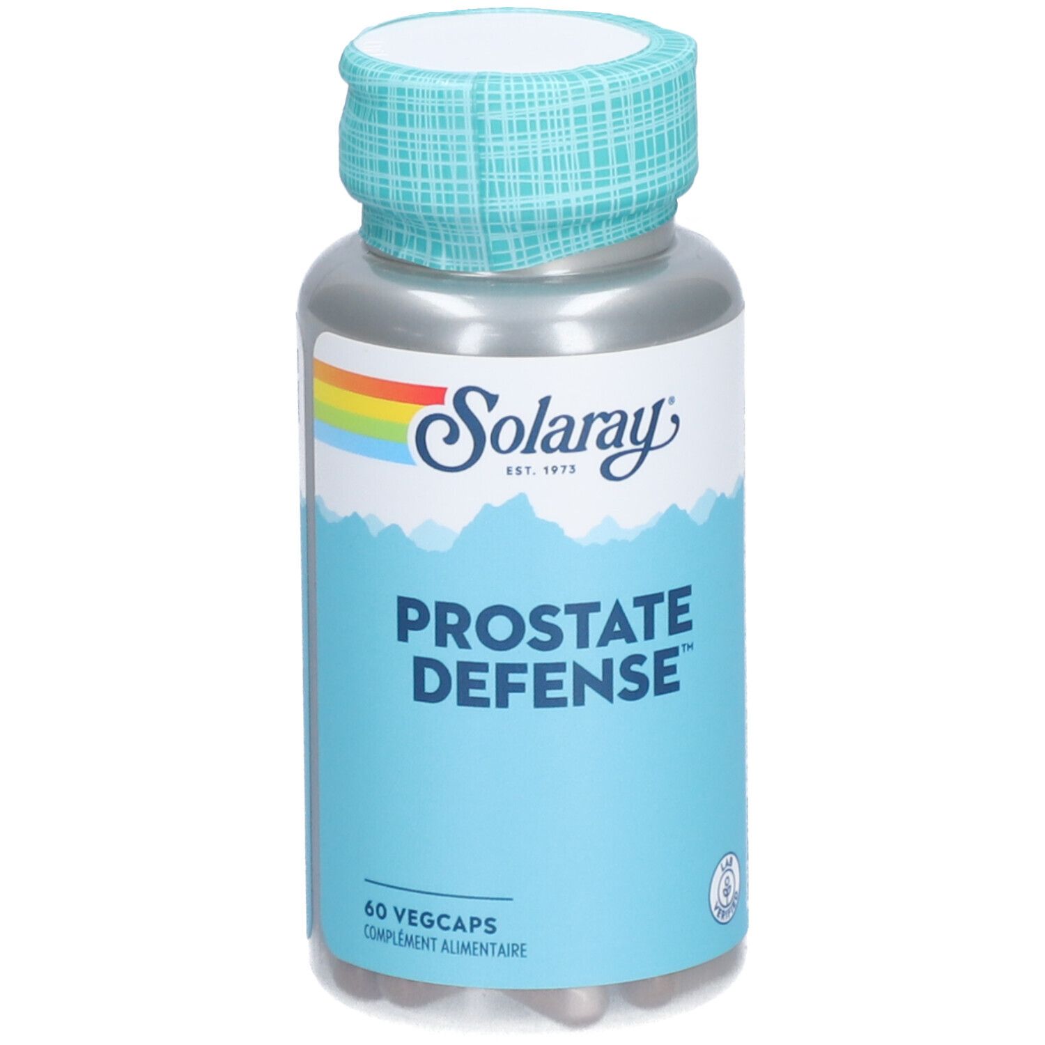 Flacon cylindrique avec étiquette bleue. Inscription: Prostate Defense, 60 Vegcaps. Marque: Solaray.