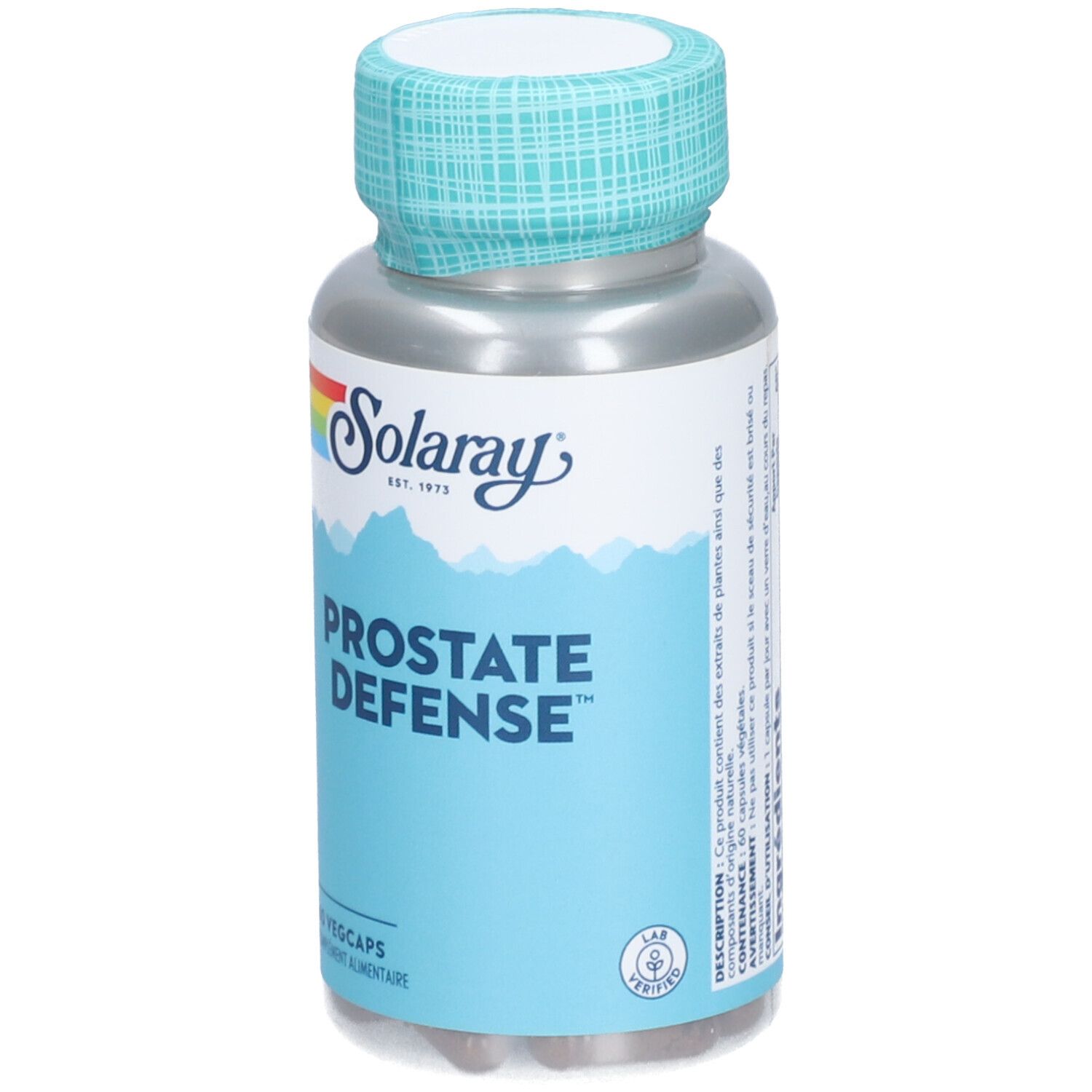 Flacon cylindrique avec étiquette bleue. Inscription: Prostate Defense, 60 Vegcaps. Marque: Solaray.