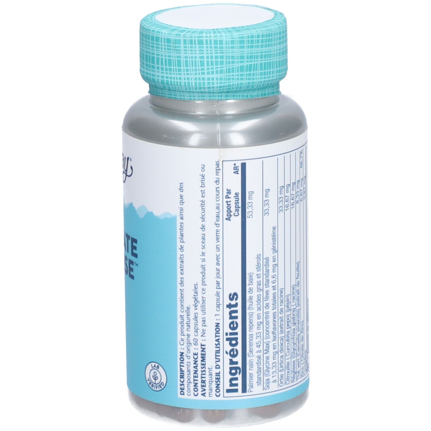 Vue arrière du flacon. Liste des ingrédients et logos. Produit: Prostate Defense, 60 Vegcaps.