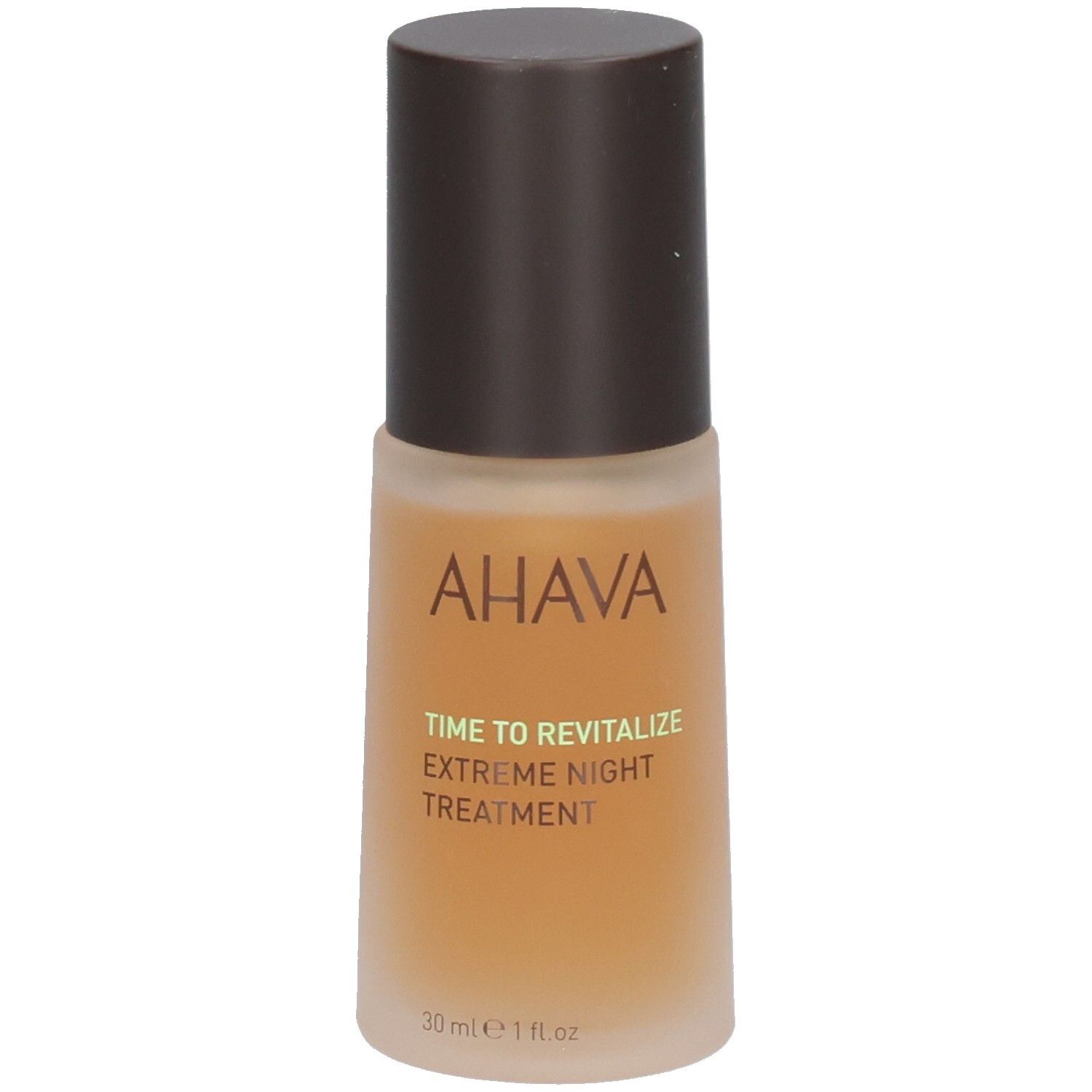 Flacon marron avec bouchon marron. Inscription AHAVA, TIME TO REVITALIZE, EXTREME NIGHT TREATMENT. 30 ml.