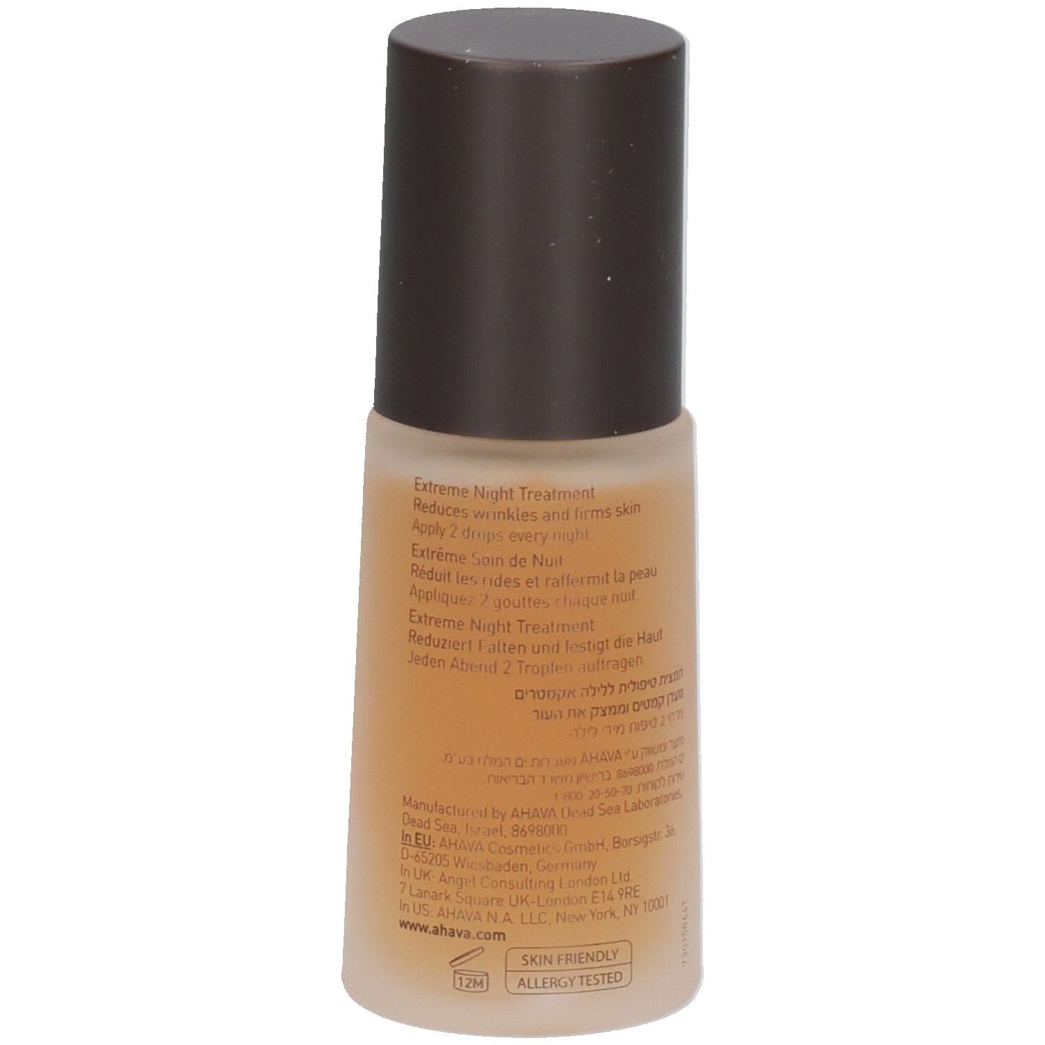 Flacon marron avec bouchon marron. Inscription AHAVA, TIME TO REVITALIZE, EXTREME NIGHT TREATMENT. Texte au dos.