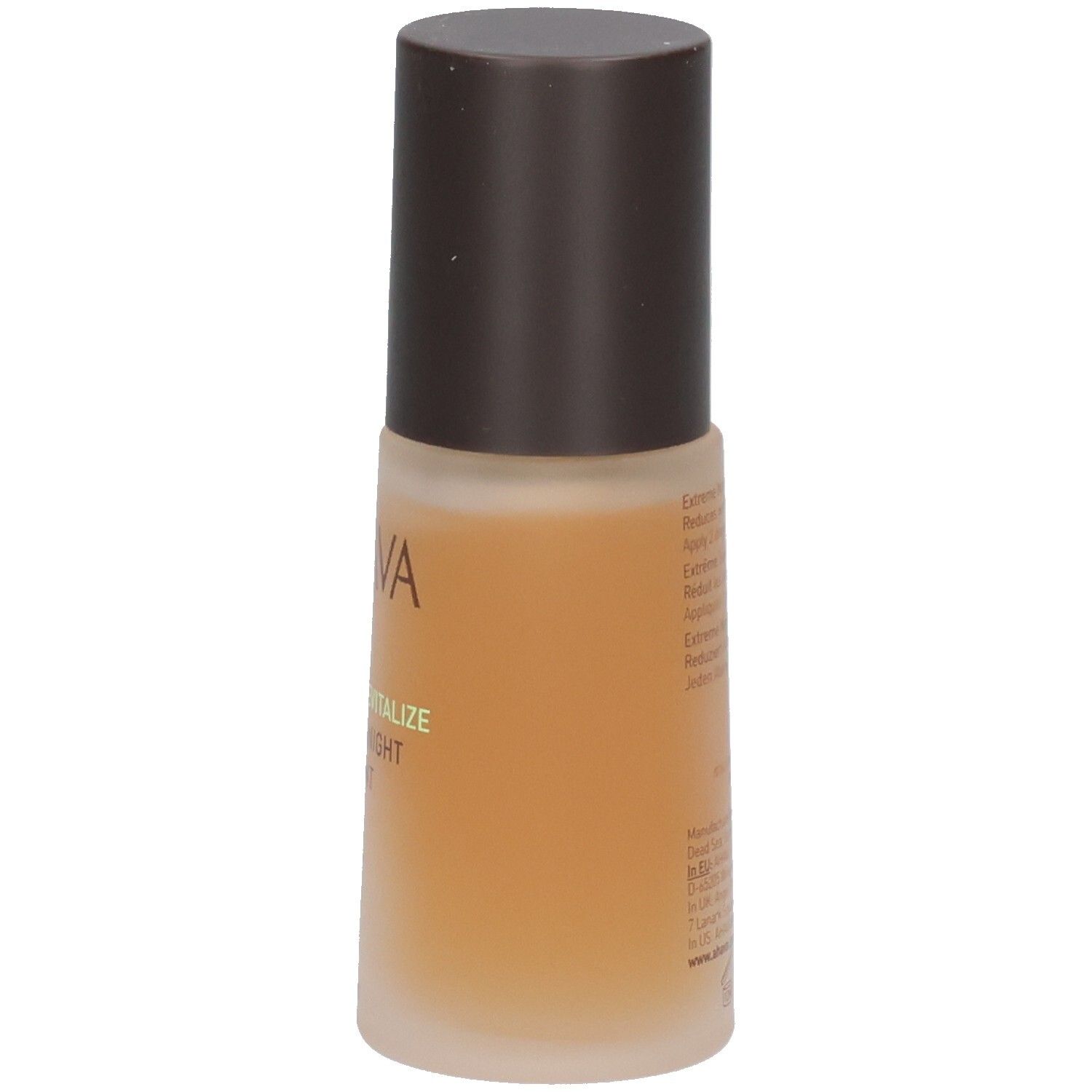 Flacon marron avec bouchon marron. Inscription AHAVA, TIME TO REVITALIZE, EXTREME NIGHT TREATMENT. Texte au dos.