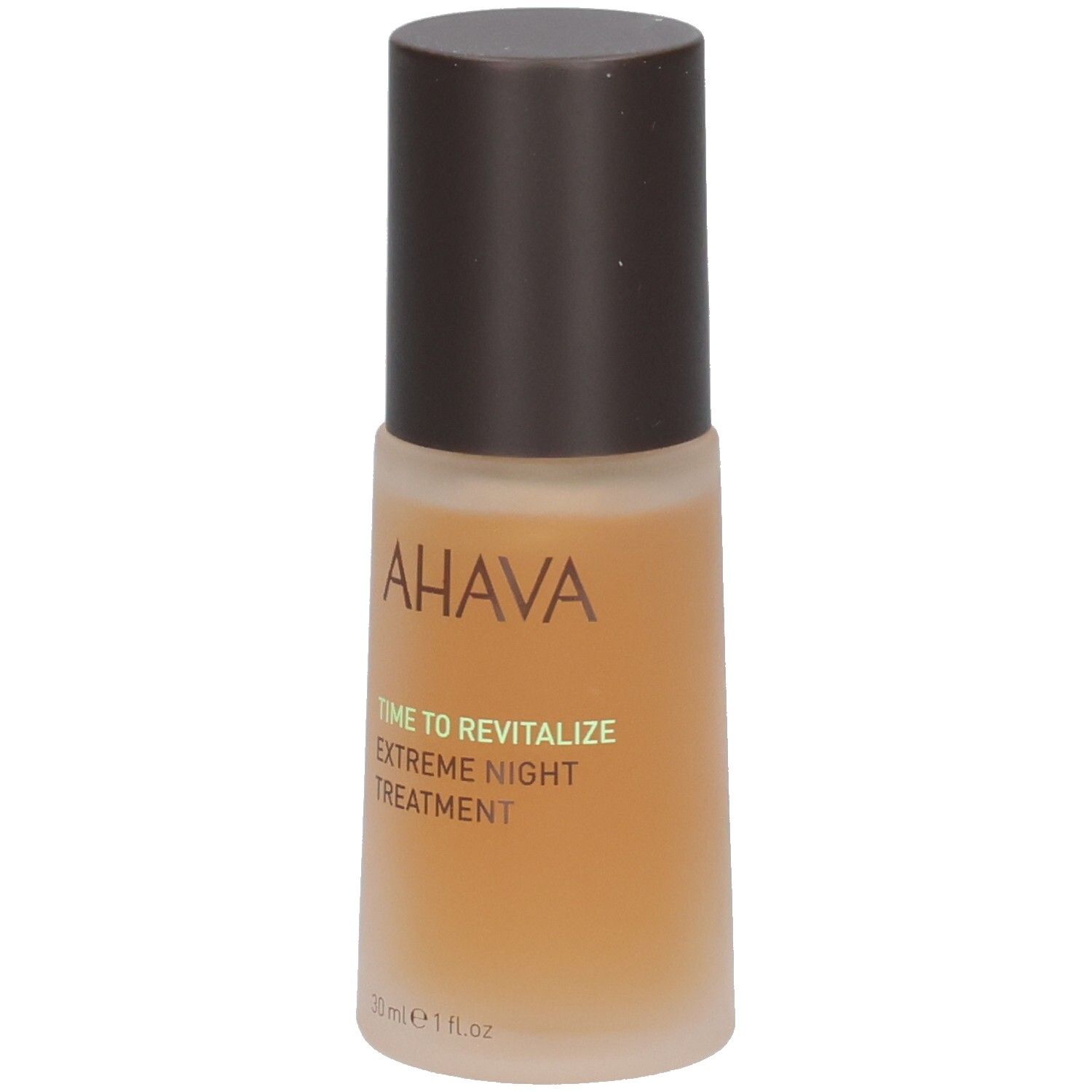Flacon marron avec bouchon marron. Inscription AHAVA, TIME TO REVITALIZE, EXTREME NIGHT TREATMENT. 30 ml.