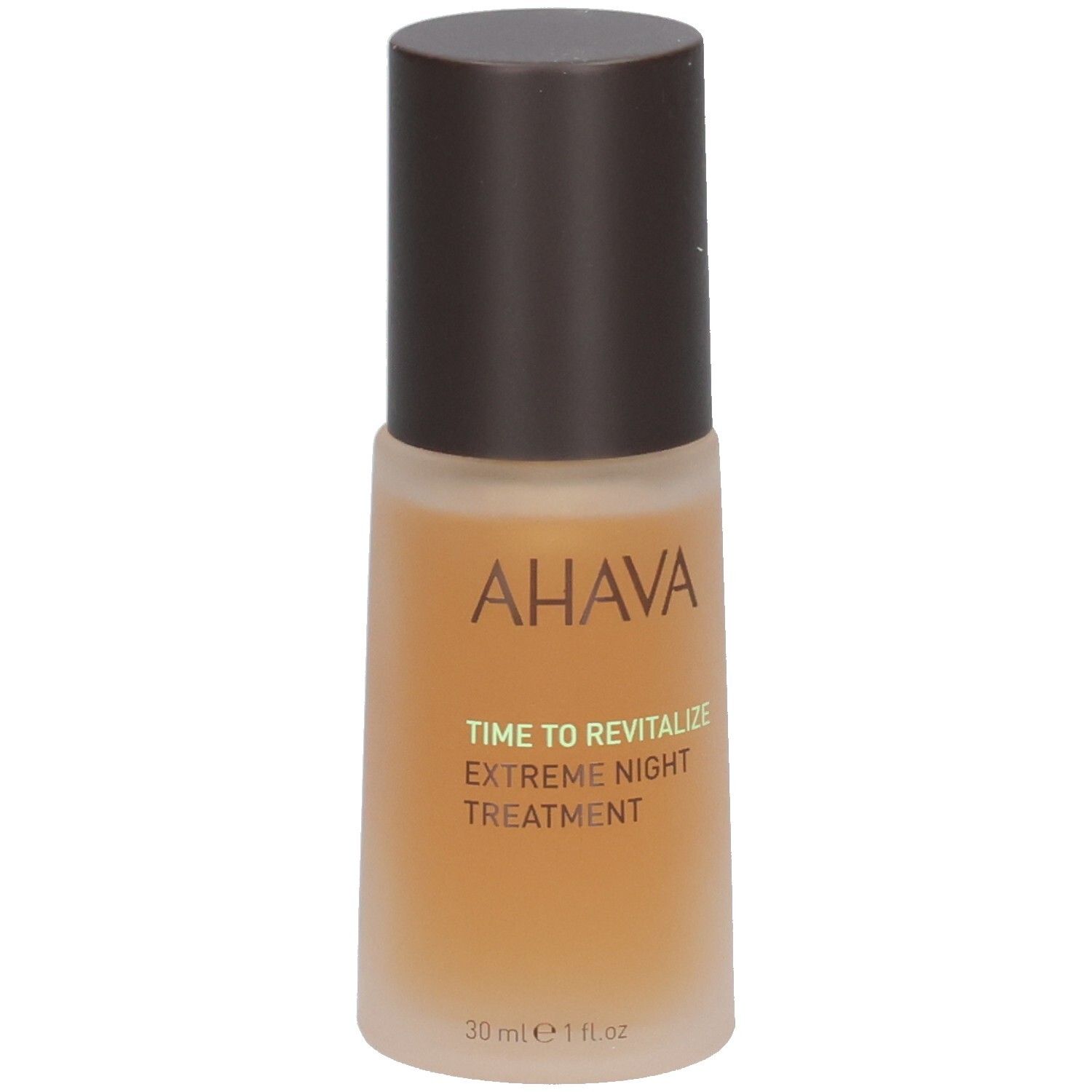 Flacon marron avec bouchon marron. Inscription AHAVA, TIME TO REVITALIZE, EXTREME NIGHT TREATMENT. 30 ml.