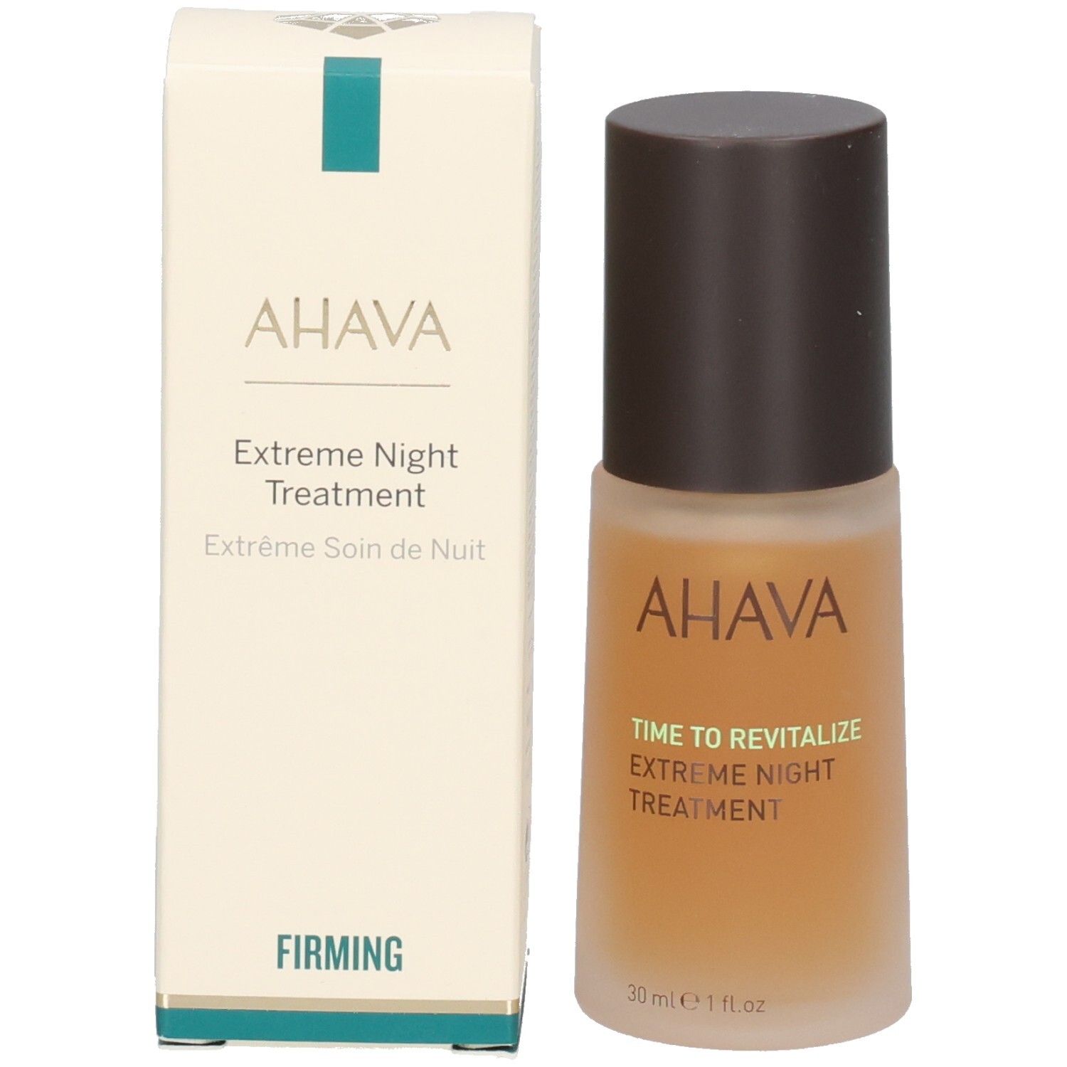 Flacon et emballage du produit. Inscription AHAVA, Extreme Night Treatment. Emballage avec logo et texte.