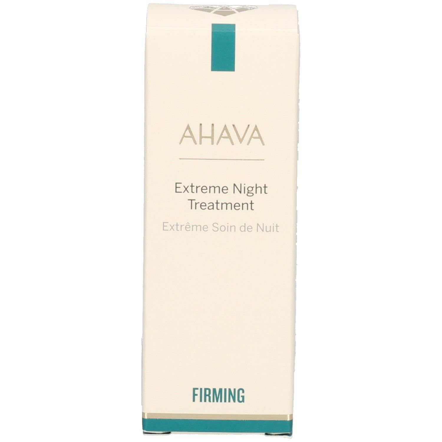 Emballage avec logo et texte. Inscription AHAVA, Extreme Night Treatment. Blanc avec accent bleu.