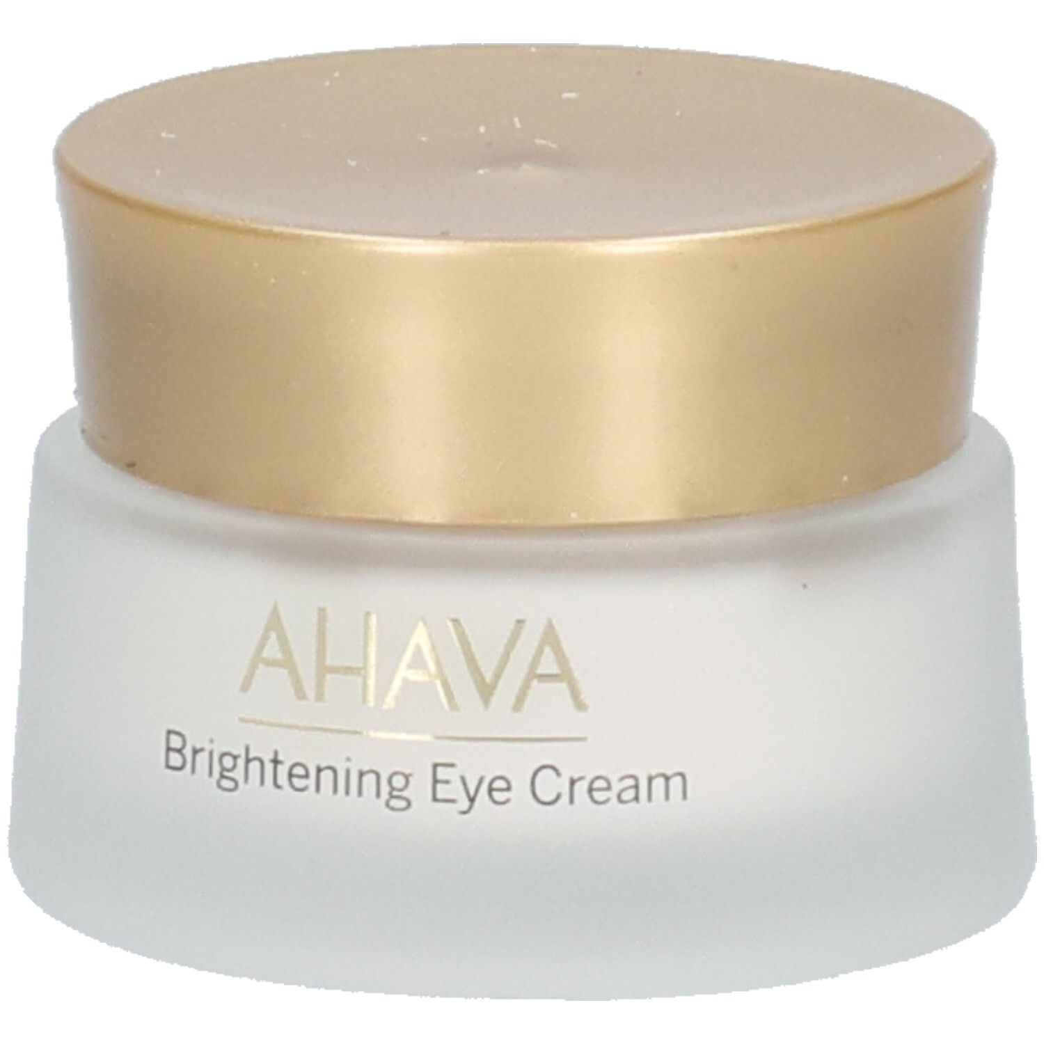 Pot de crème avec couvercle doré. Inscription: AHAVA Brightening Eye Cream.