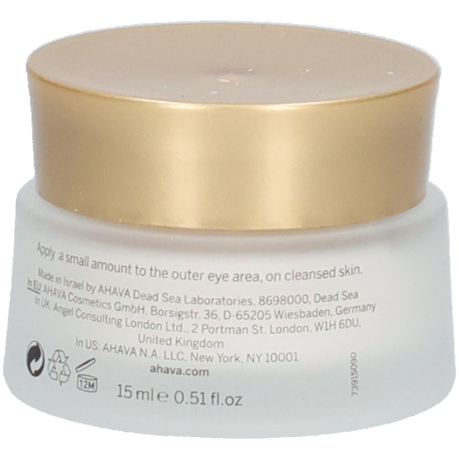 Dos du pot de crème avec couvercle doré. Texte: AHAVA, 15 ml e 0.51 fl.oz.