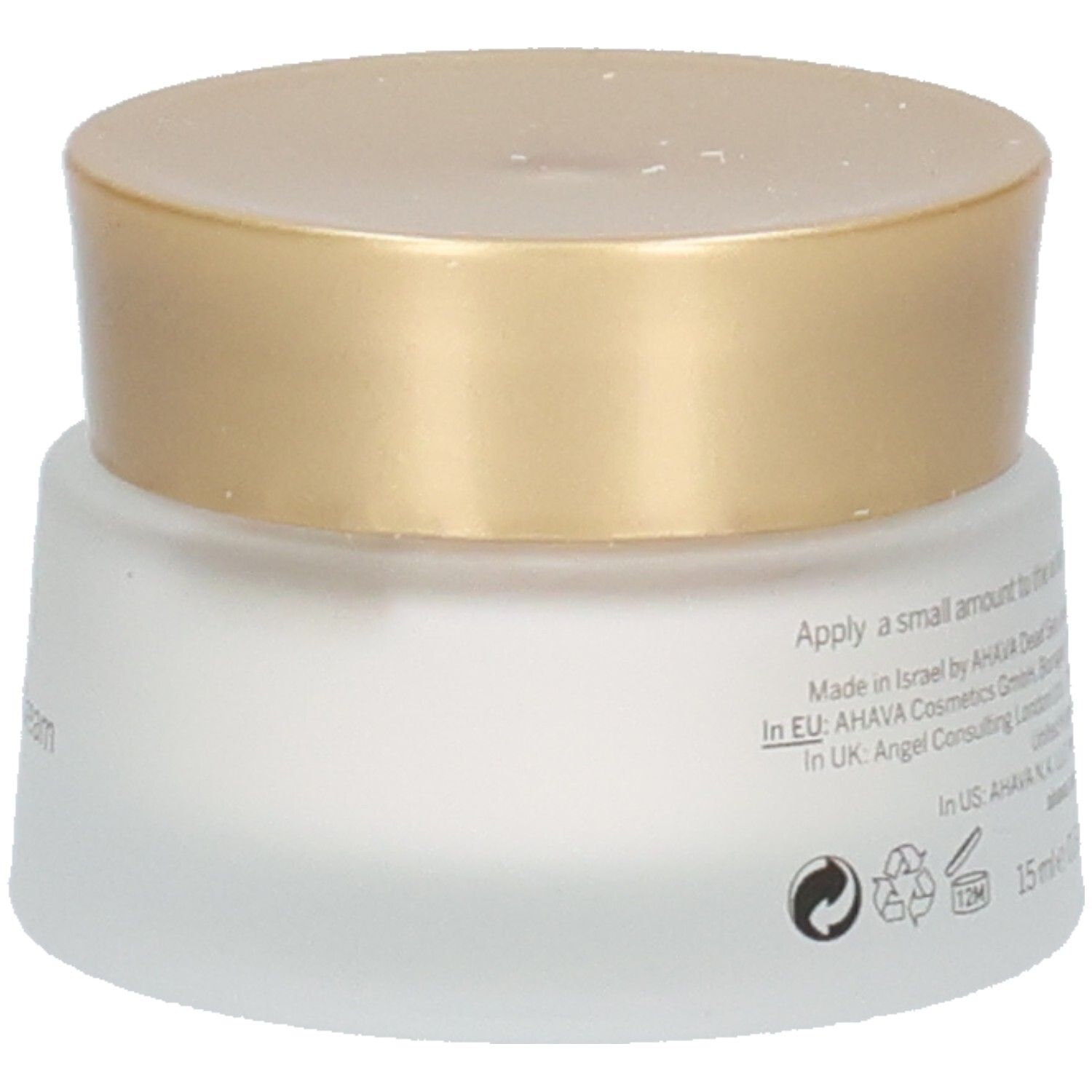 Dos du pot de crème avec couvercle doré. Texte: AHAVA, 15 ml e.