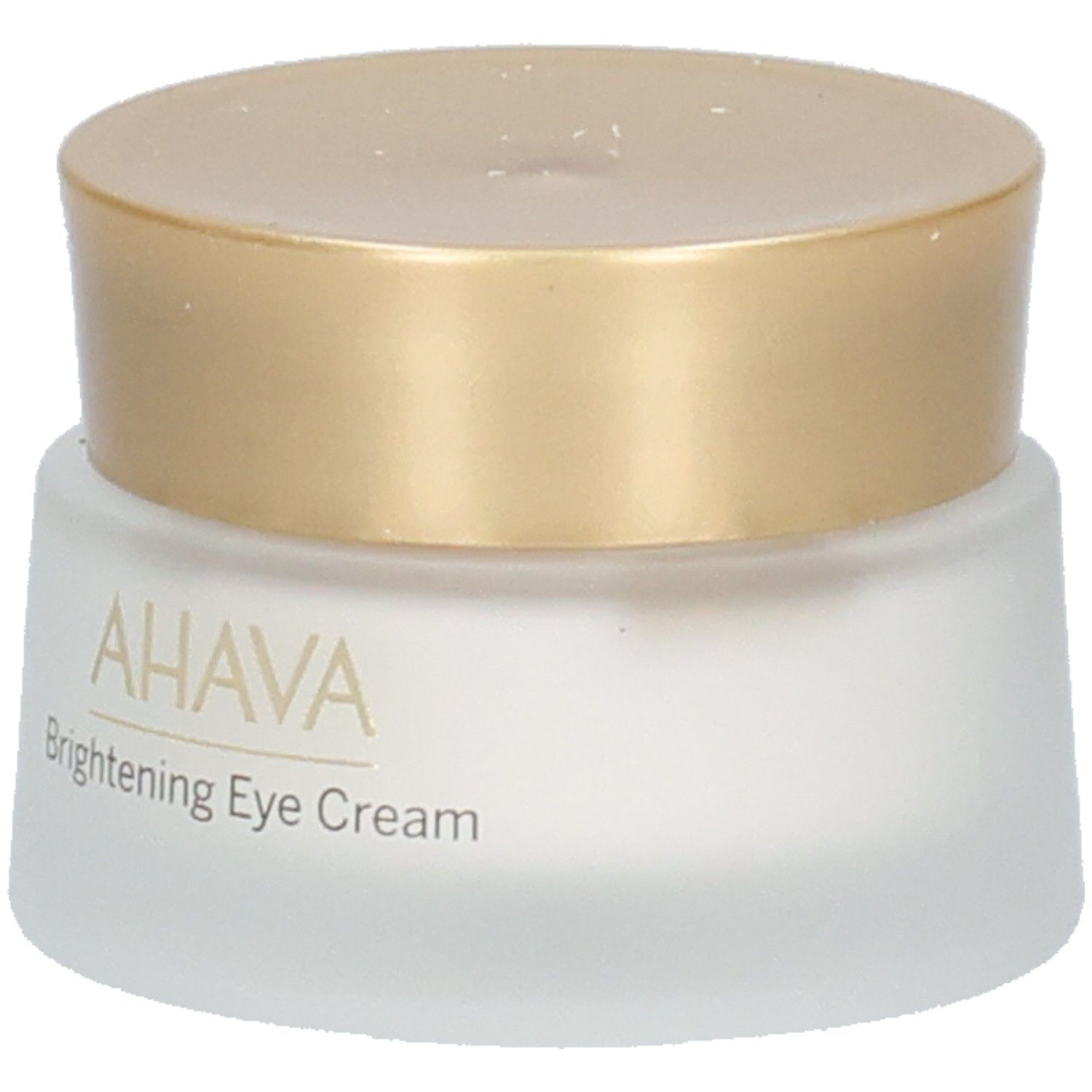 Pot de crème avec couvercle doré. Inscription: AHAVA Brightening Eye Cream.