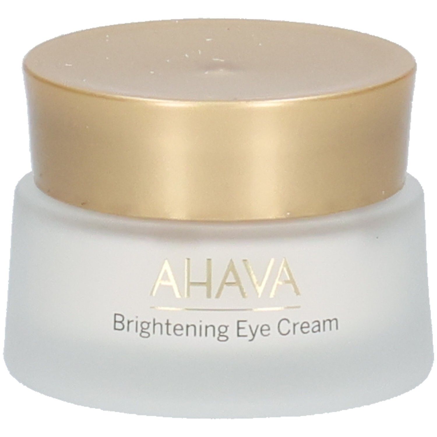 Pot de crème avec couvercle doré. Inscription: AHAVA Brightening Eye Cream.