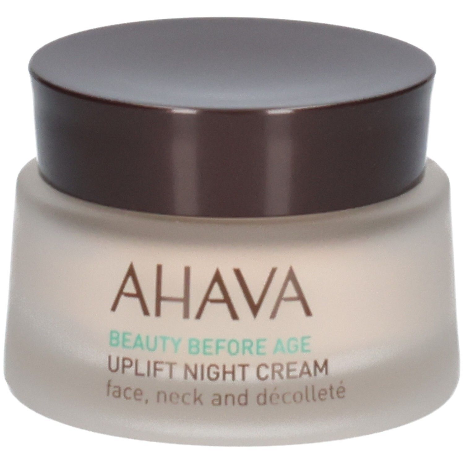 Pot de crème avec couvercle marron. Inscription AHAVA, BEAUTY BEFORE AGE, UPLIFT NIGHT CREAM, face, neck and décolleté.