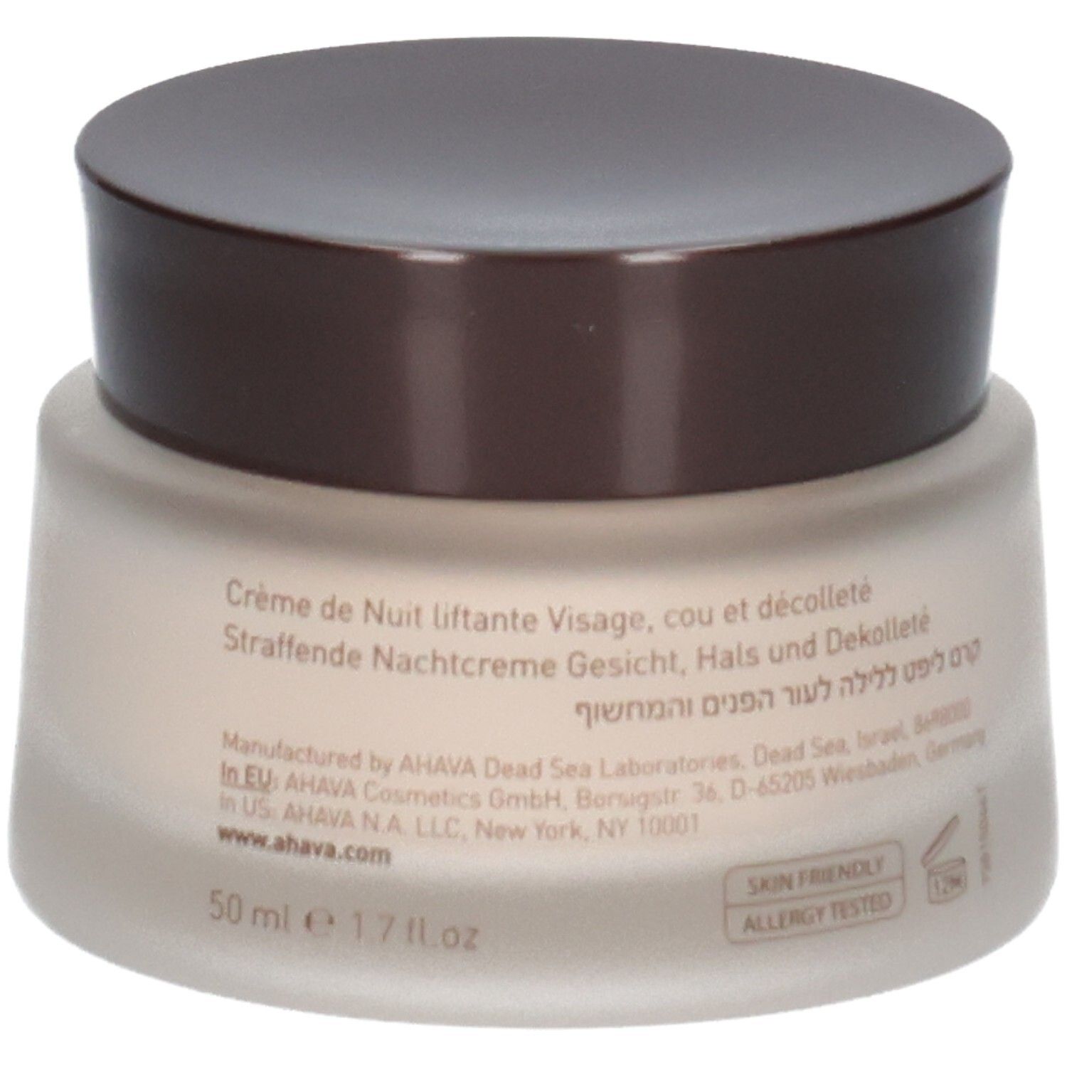 Pot de crème avec couvercle marron. Inscription AHAVA, BEAUTY BEFORE AGE, UPLIFT NIGHT CREAM, face, neck and décolleté. Texte au dos.