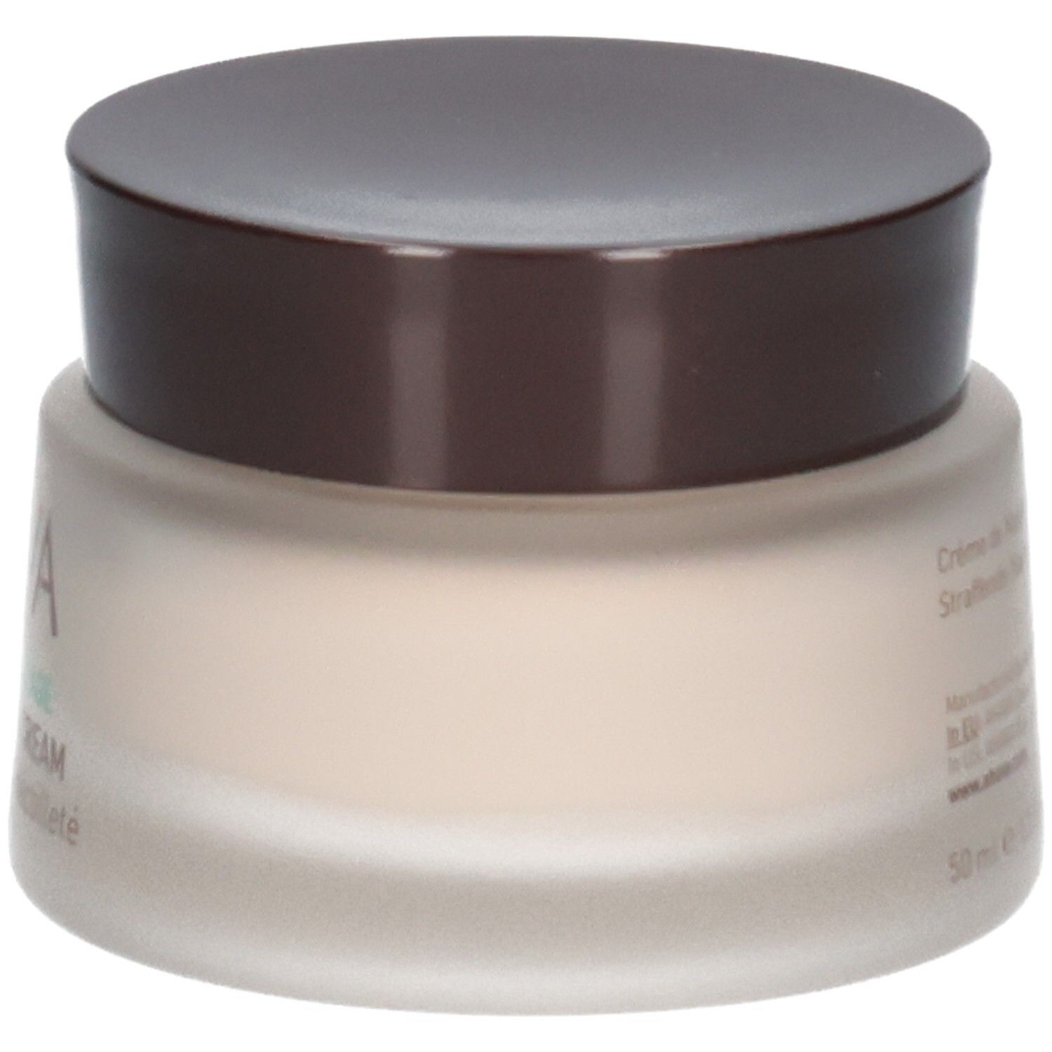 Pot de crème avec couvercle marron. Inscription AHAVA, BEAUTY BEFORE AGE, UPLIFT NIGHT CREAM, face, neck and décolleté. 50 ml.