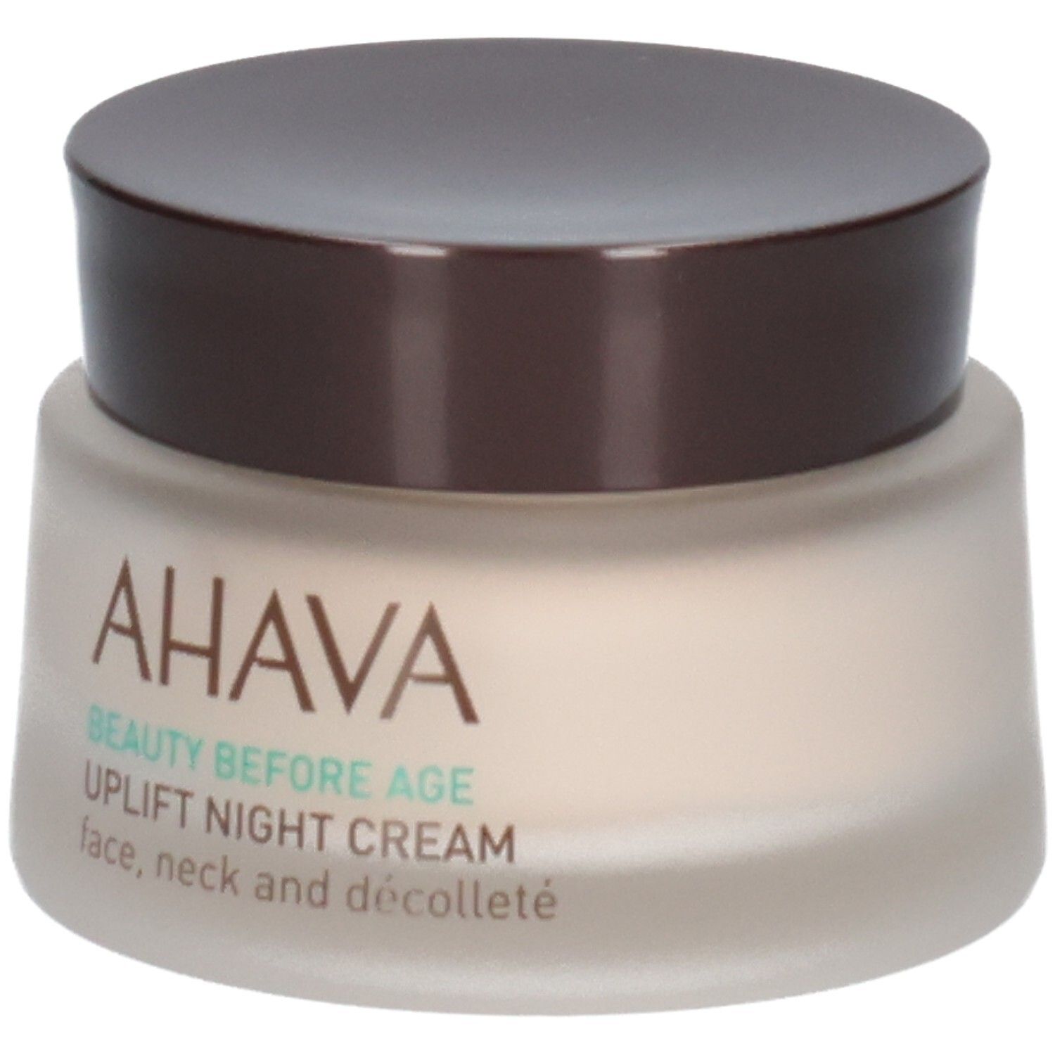Pot de crème avec couvercle marron. Inscription AHAVA, BEAUTY BEFORE AGE, UPLIFT NIGHT CREAM, face, neck and décolleté.