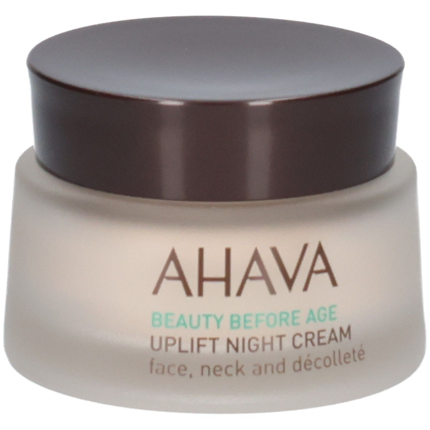 Pot de crème avec couvercle marron. Inscription AHAVA, BEAUTY BEFORE AGE, UPLIFT NIGHT CREAM, face, neck and décolleté.