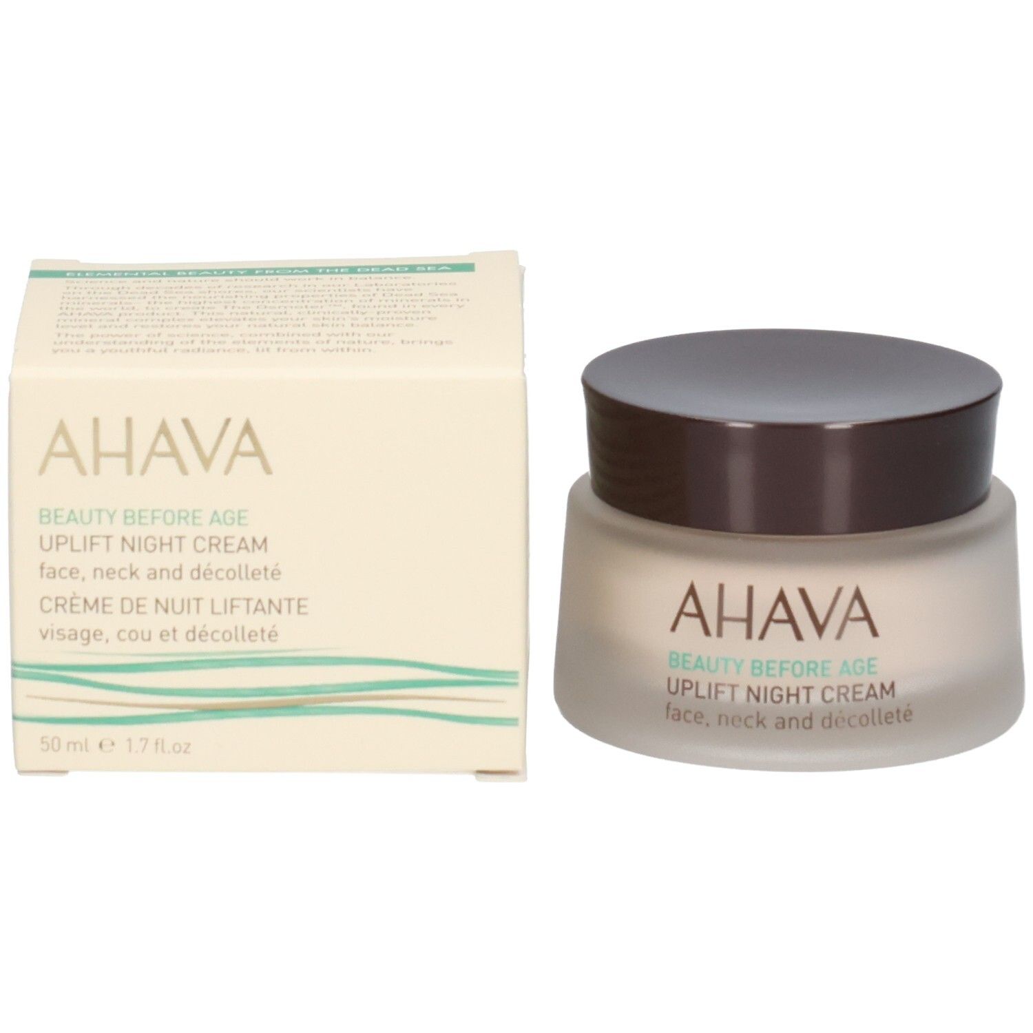 Pot de crème et boîte. Inscription AHAVA, BEAUTY BEFORE AGE, UPLIFT NIGHT CREAM, face, neck and décolleté. 50 ml.