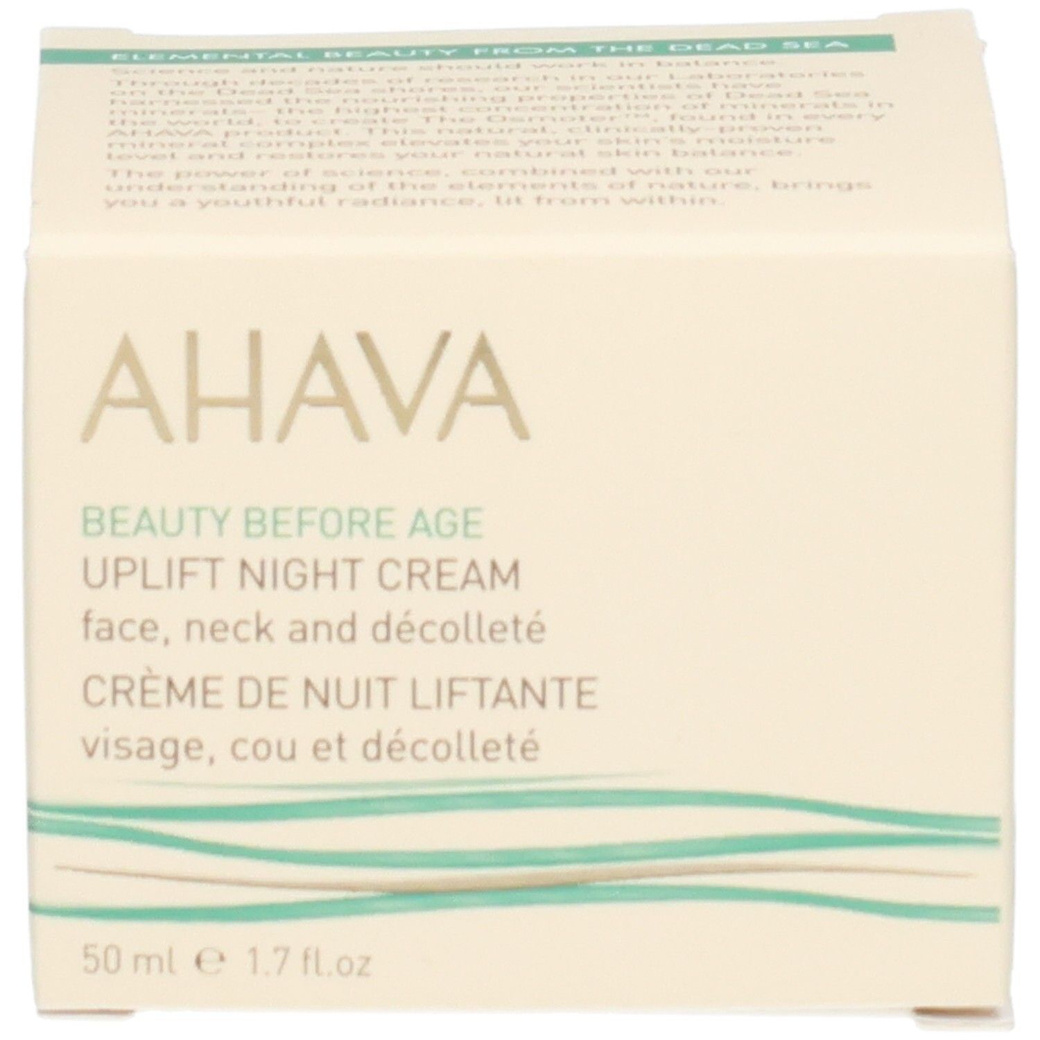 Boîte avec texte. Inscription AHAVA, BEAUTY BEFORE AGE, UPLIFT NIGHT CREAM, face, neck and décolleté. 50 ml.