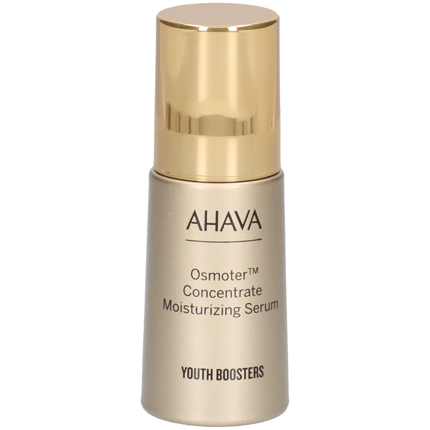 Flacon doré avec bouchon doré. Inscription: AHAVA, Osmoter™ Concentrate Moisturizing Serum, YOUTH BOOSTERS.