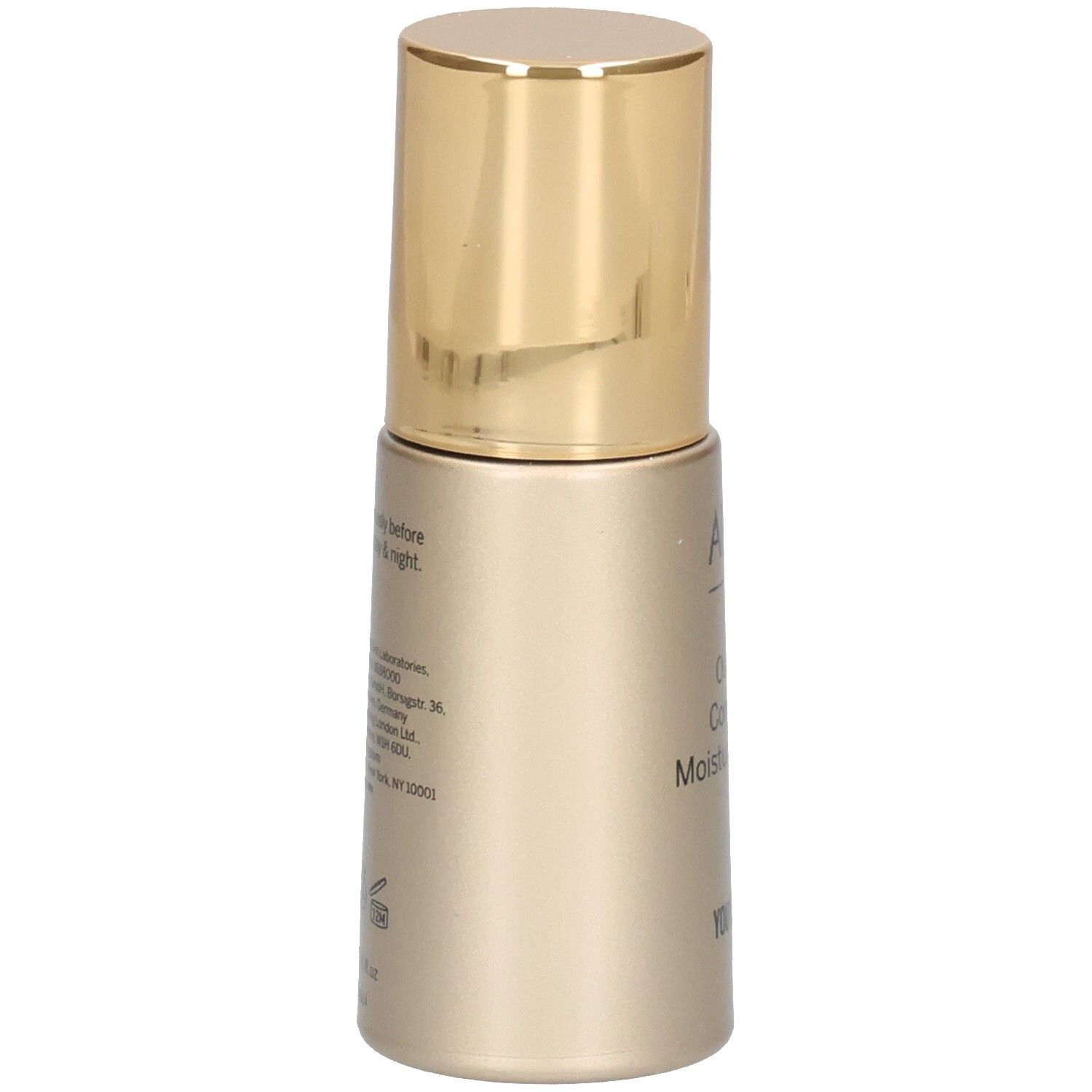 Flacon doré avec bouchon doré. Inscription: Osmoter™ Concentrate Moisturizing Serum. Texte au dos.