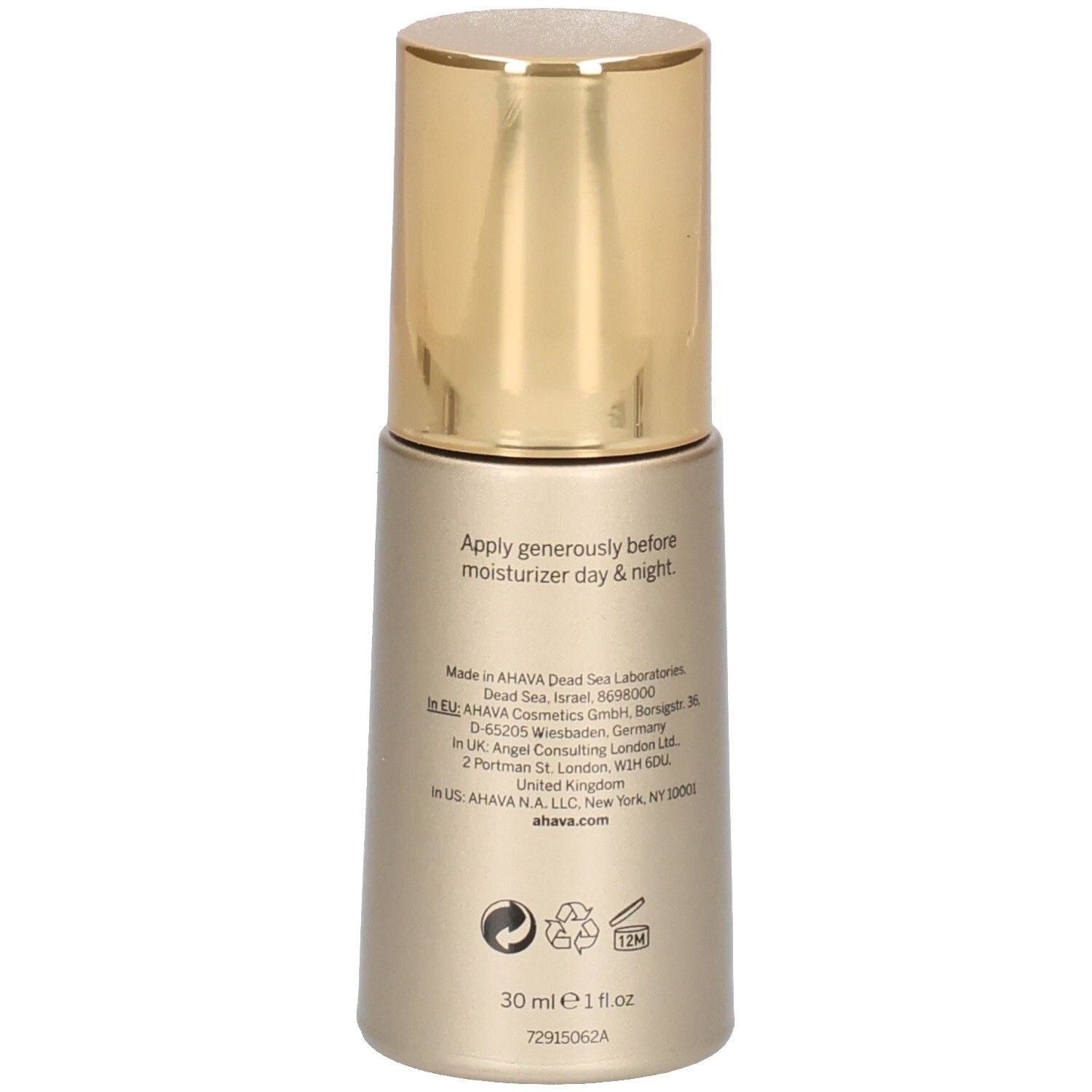 Flacon doré avec bouchon doré. Inscription: 30 ml, 1 fl oz. Texte au dos: Appliquer avant l'hydratant.