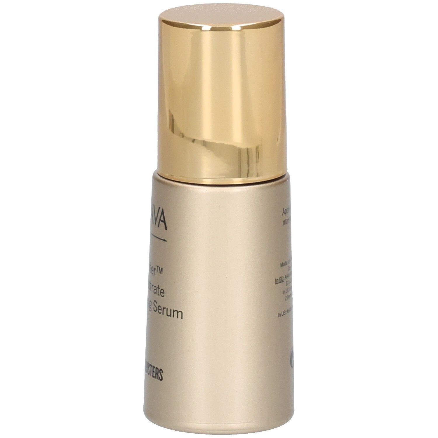 Flacon doré avec bouchon doré. Inscription: AHAVA, Osmoter™ Concentrate Moisturizing Serum, YOUTH BOOSTERS. Texte au dos.