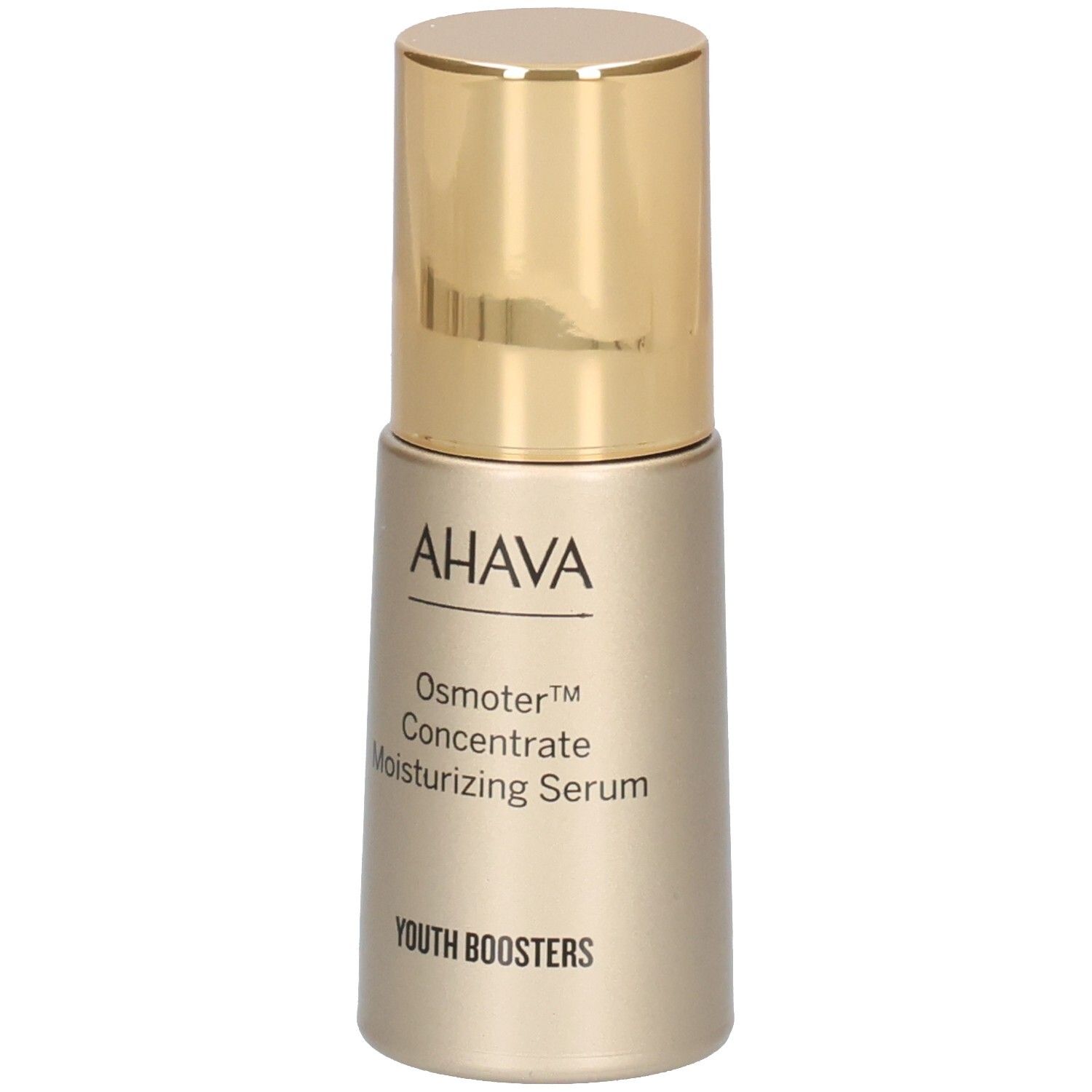 Flacon doré avec bouchon doré. Inscription: AHAVA, Osmoter™ Concentrate Moisturizing Serum, YOUTH BOOSTERS.