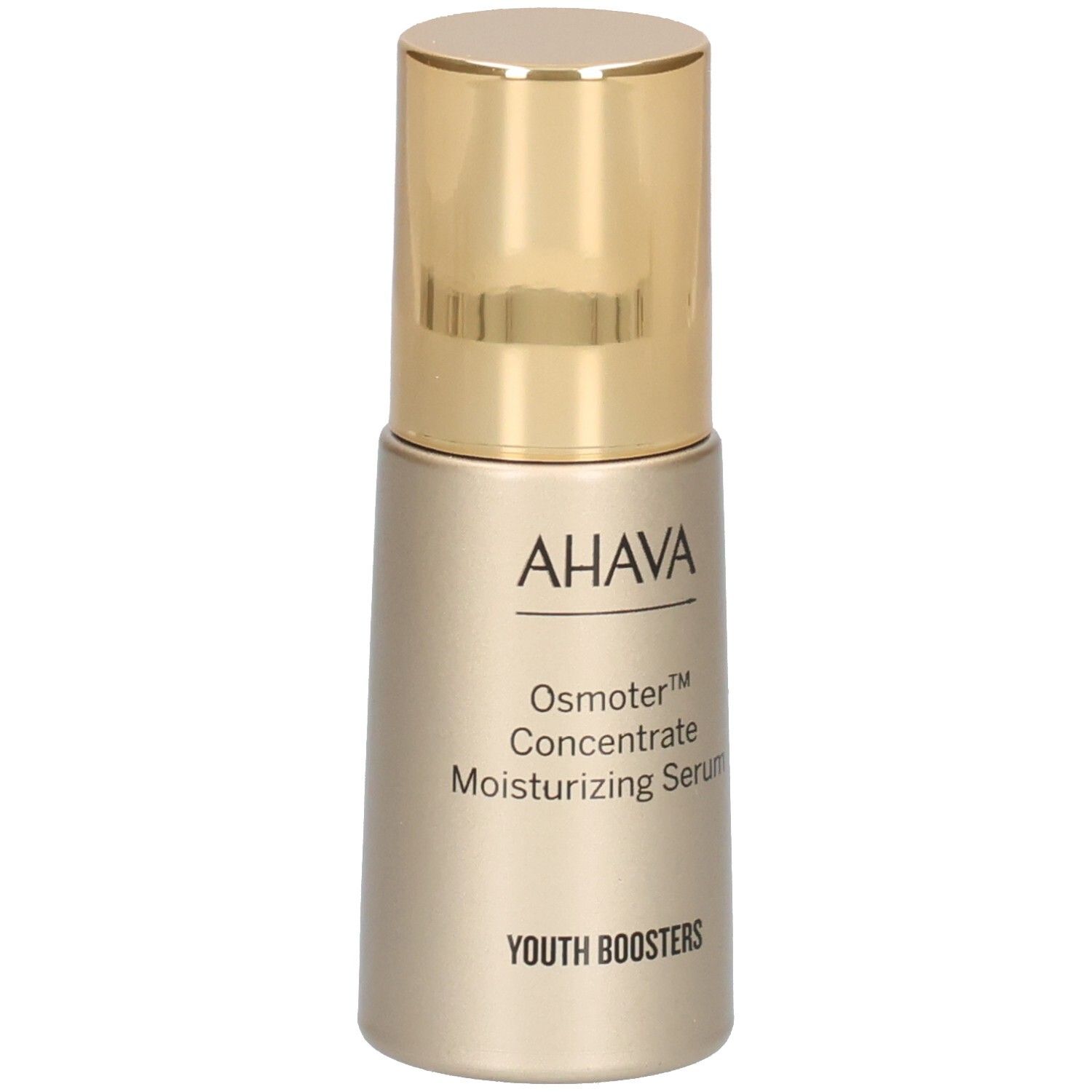 Flacon doré avec bouchon doré. Inscription: AHAVA, Osmoter™ Concentrate Moisturizing Serum, YOUTH BOOSTERS.