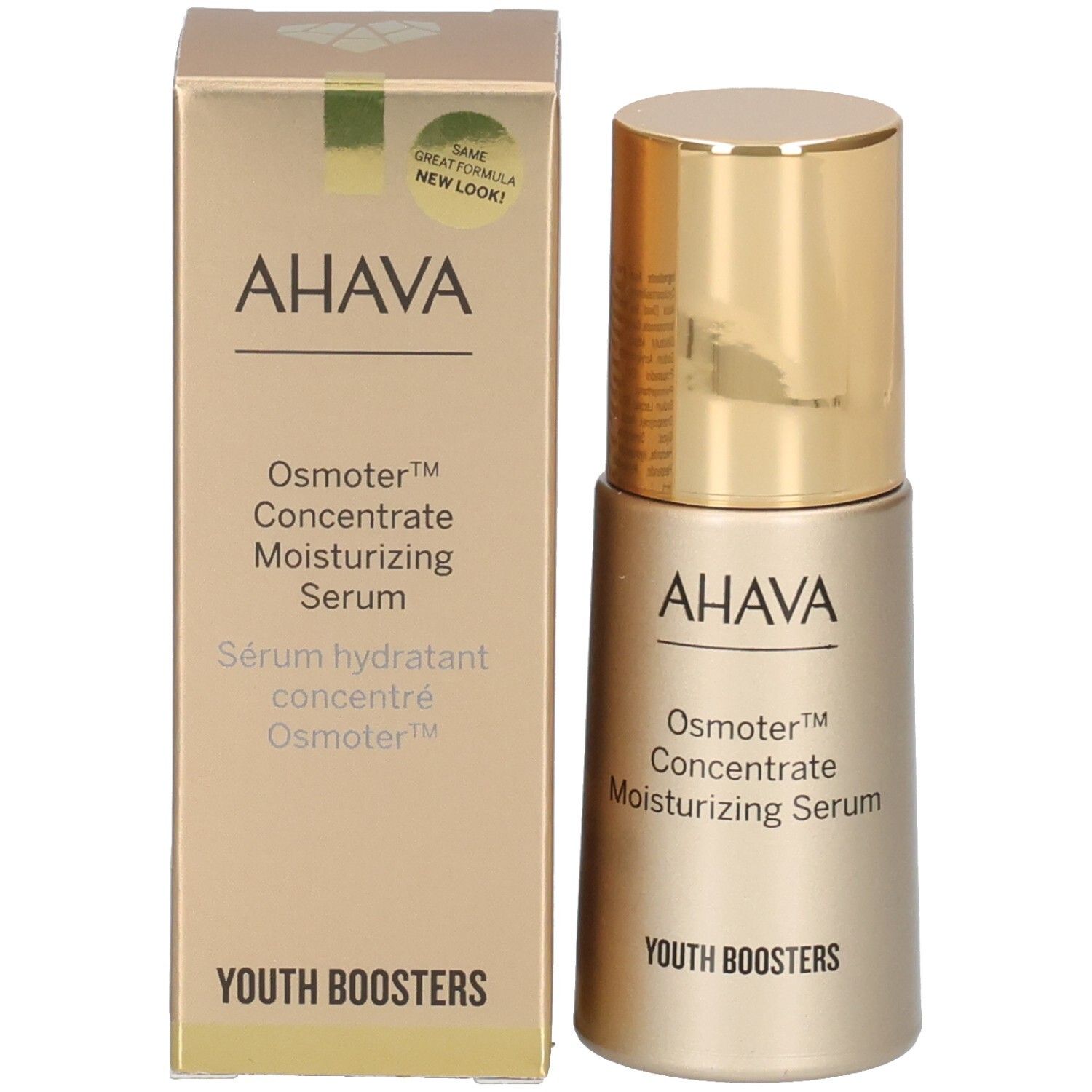 Flacon et boîte dorés. Inscription: AHAVA, Osmoter™ Concentrate Moisturizing Serum, Sérum hydratant concentré Osmoter™.