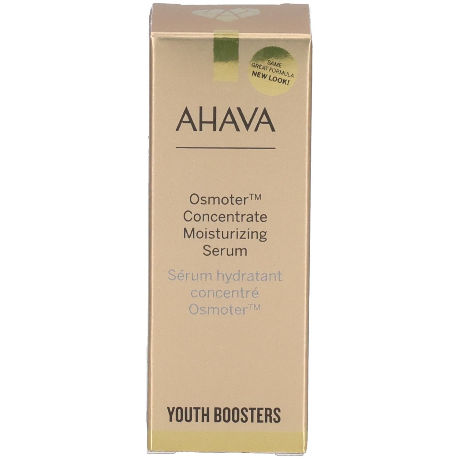 Boîte dorée. Inscription: AHAVA, Osmoter™ Concentrate Moisturizing Serum, Sérum hydratant concentré Osmoter™.