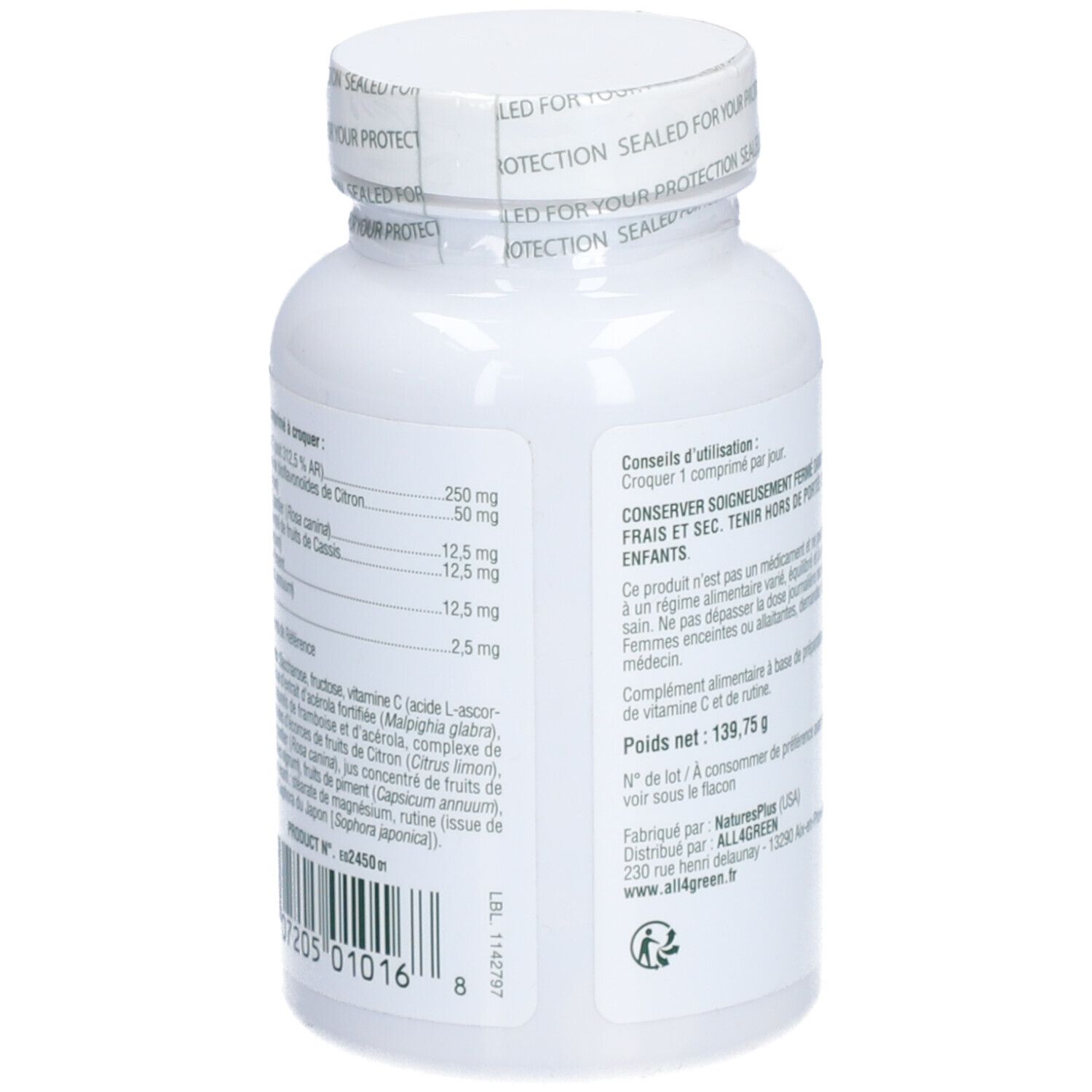 Dos du flacon blanc NATURE'S+ ACEROLA C COMPLEX. Étiquette jaune avec ingrédients et informations nutritionnelles.