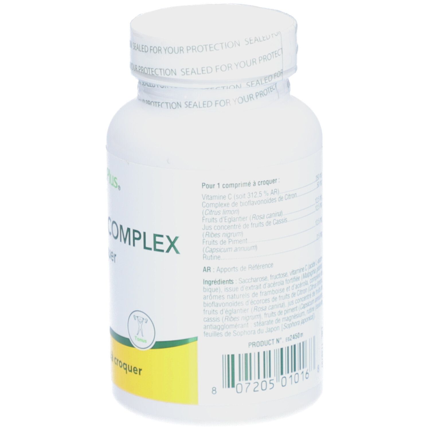 Dos du flacon blanc NATURE'S+ ACEROLA C COMPLEX. Étiquette avec ingrédients et informations nutritionnelles.