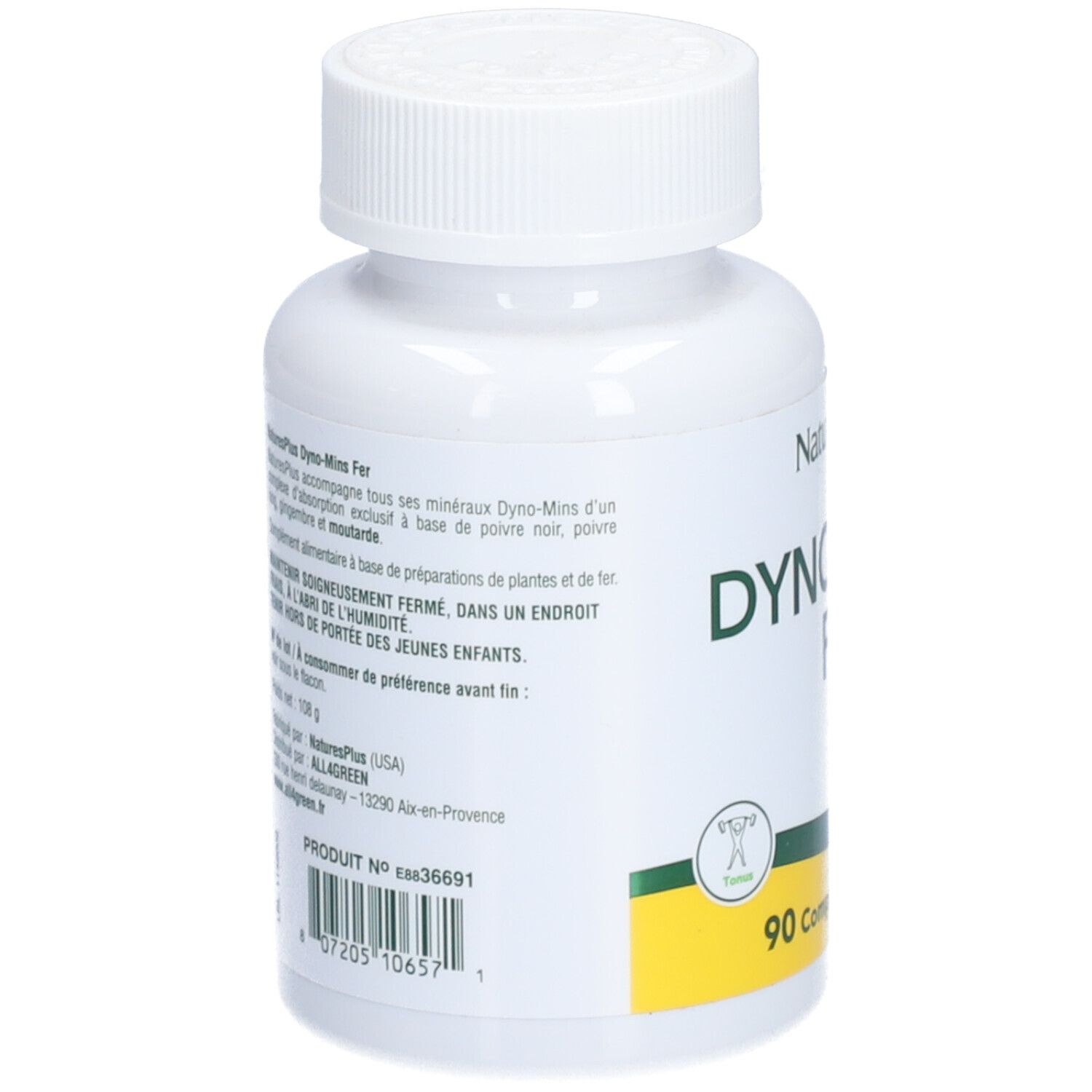 Dos d'un flacon blanc. Texte: DYNO-MINS Fer. Ingrédients, mode d'emploi. Marque: NaturesPlus.