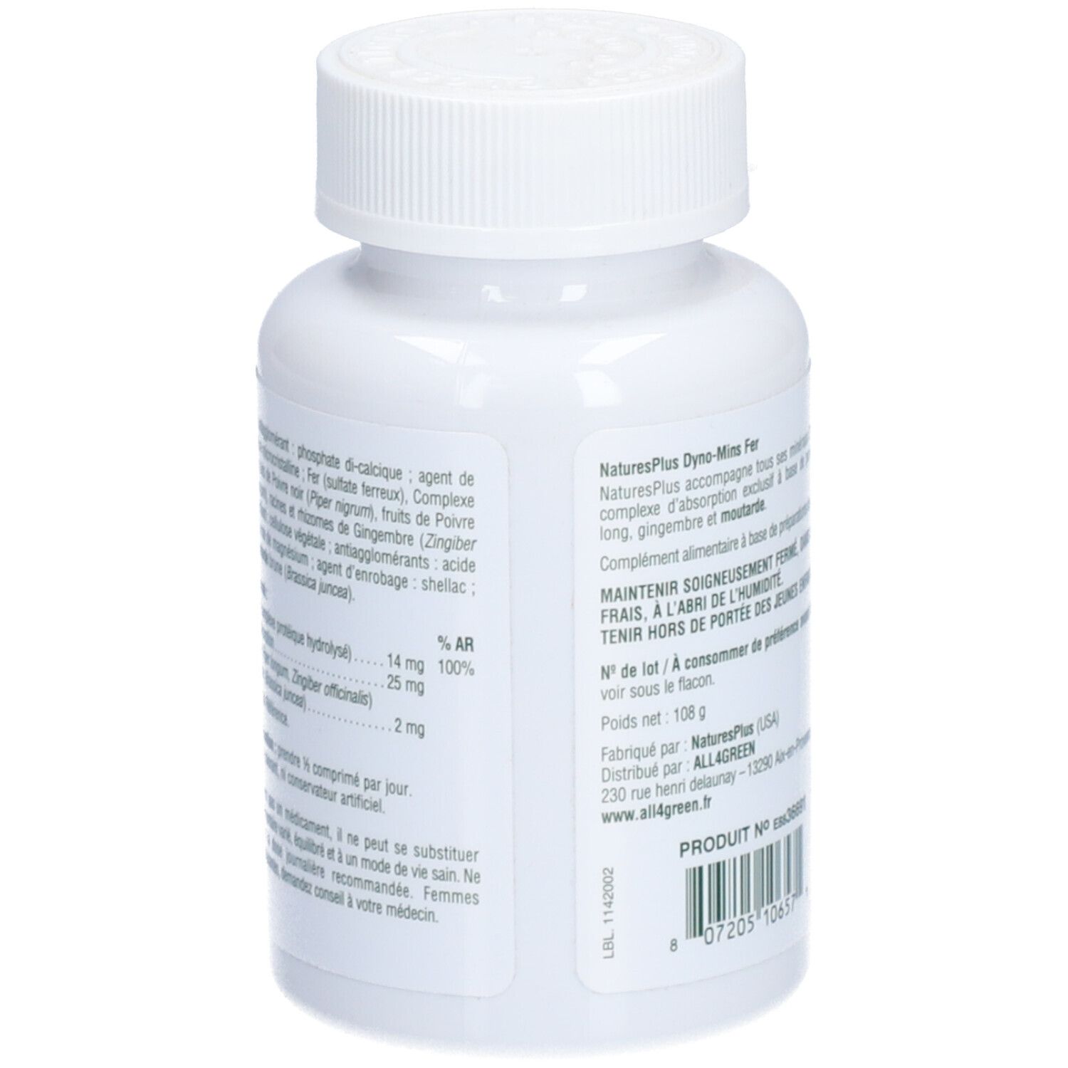 Dos d'un flacon blanc. Texte: Ingrédients, informations nutritionnelles. Marque: NaturesPlus.