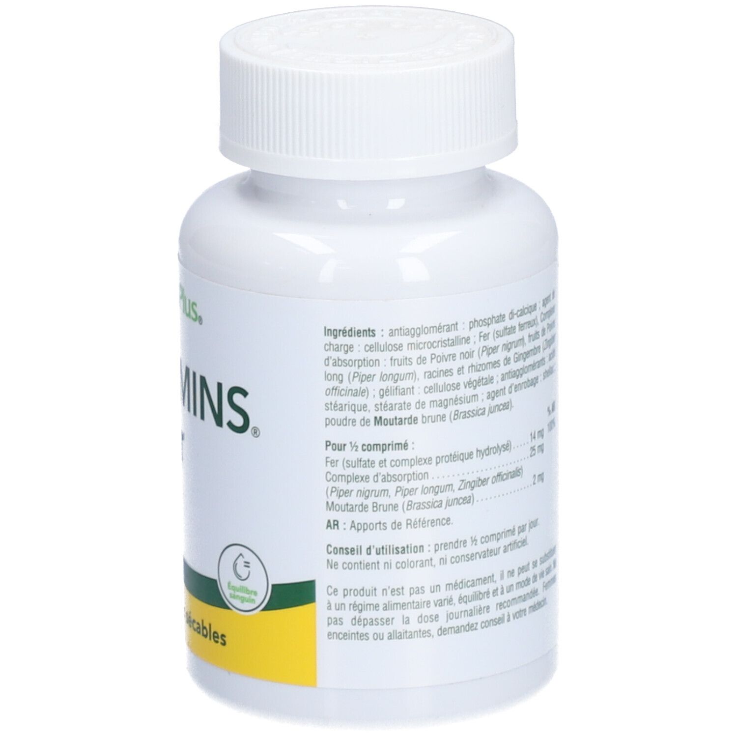 Dos d'un flacon blanc. Texte: Ingrédients, informations nutritionnelles. Marque: NaturesPlus.